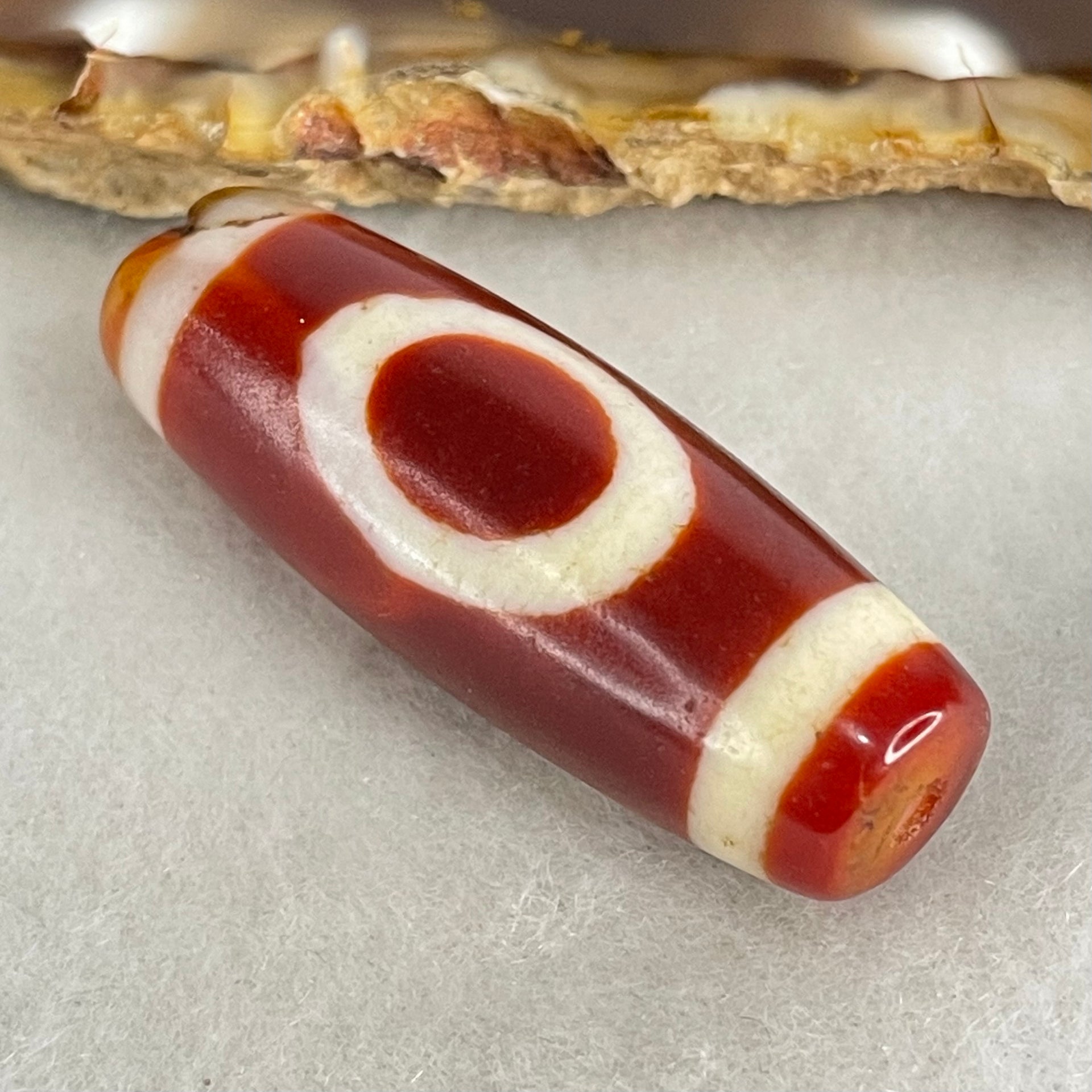 Natural Powerful Tibetan Old Oily Red White Agate One Eye Wood Element Dzi Bead Heavenly Master (Tian Zhu) 一眼木元素天珠 10.52g 38.1 by 13.3mm - Huangs Jadeite and Jewelry Pte Ltd