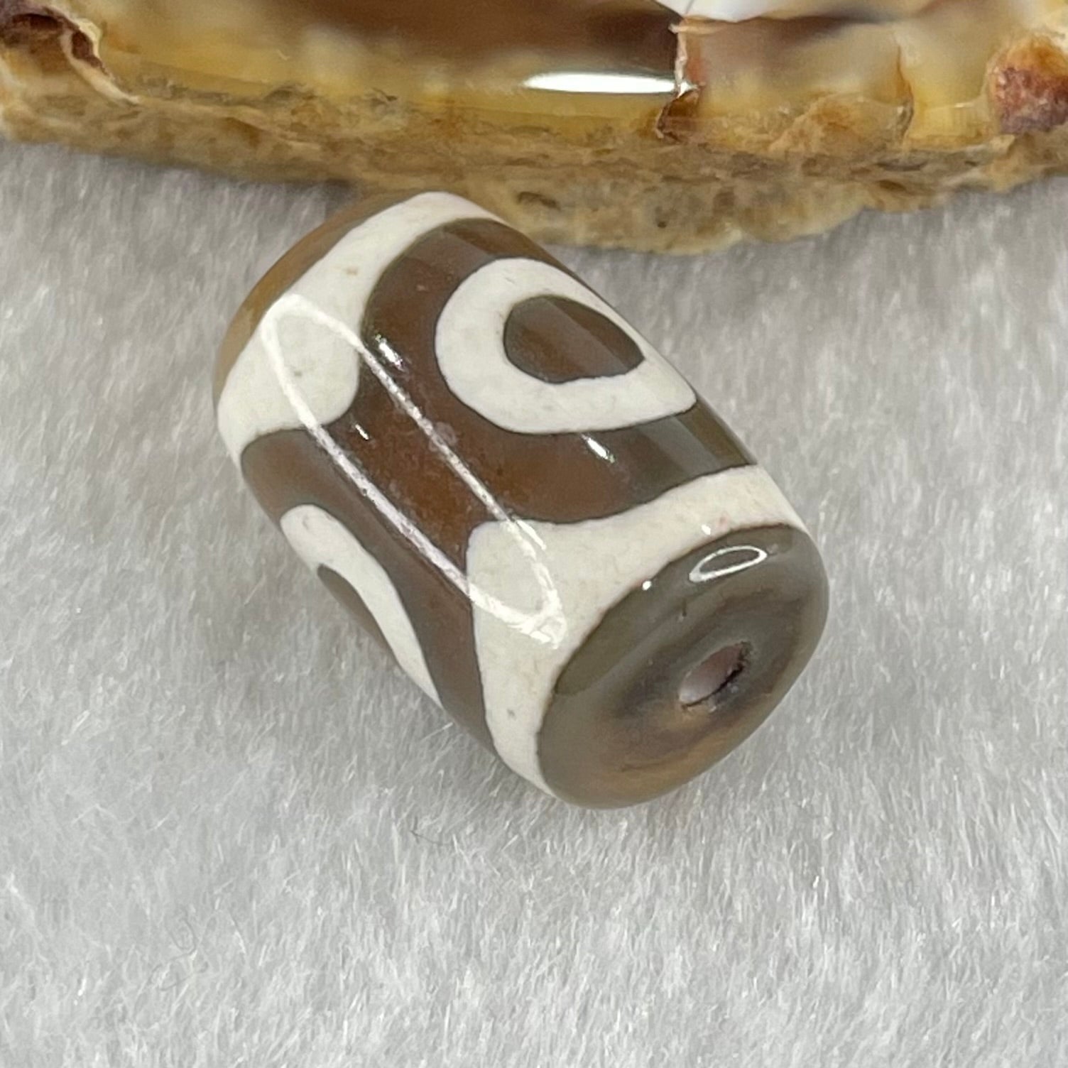 Natural Powerful Tibetan Old Oily Dark Brown With White Agate 3 Eyes Dzi Bead Heavenly Master (Tian Zhu) 三眼天诛 3.19g 15.7 by 10.8mm - Huangs Jadeite and Jewelry Pte Ltd
