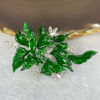 Very Very High Quality Translucent Natural Green Jadeite (TYPE A) Brooch Approx. 11.27 by 7.75 to 21.87 by 15.25mm Total Weight 22.79g including Natural Diamonds and 14K White Gold Setting with NGI Cert No.82835783 - Huangs Jadeite and Jewelry Pte Ltd