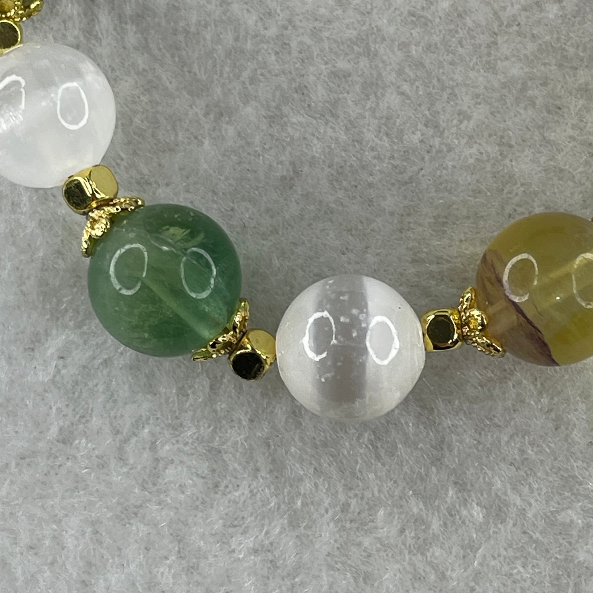 Natural Selenite with Yellow Green Grey Purple Fluorite Beads Bracelet 20.40g 11.0mm 8Beads 15cm - Huangs Jadeite and Jewelry Pte Ltd