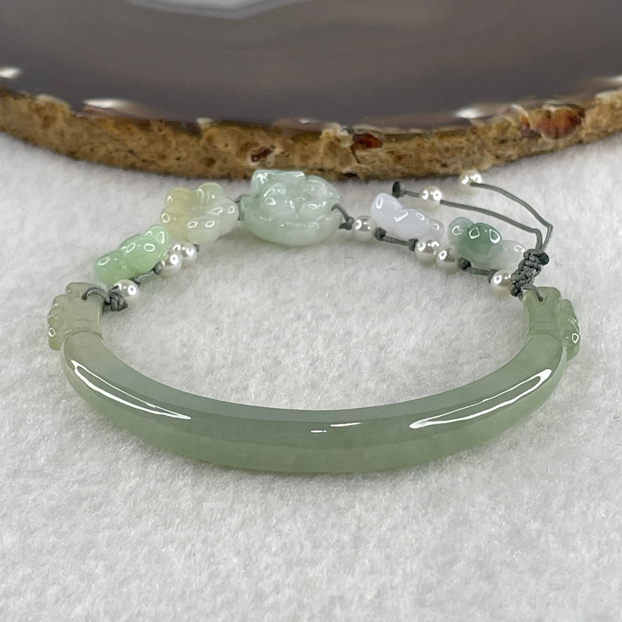 Natural Type A Semi Icy Light Green Jadeite Double Dragon Head with Flowers Bracelet 22.56g 17cm 6.8 by 7.7mm - Flower 16.4 by 15.7 by 8.7mm