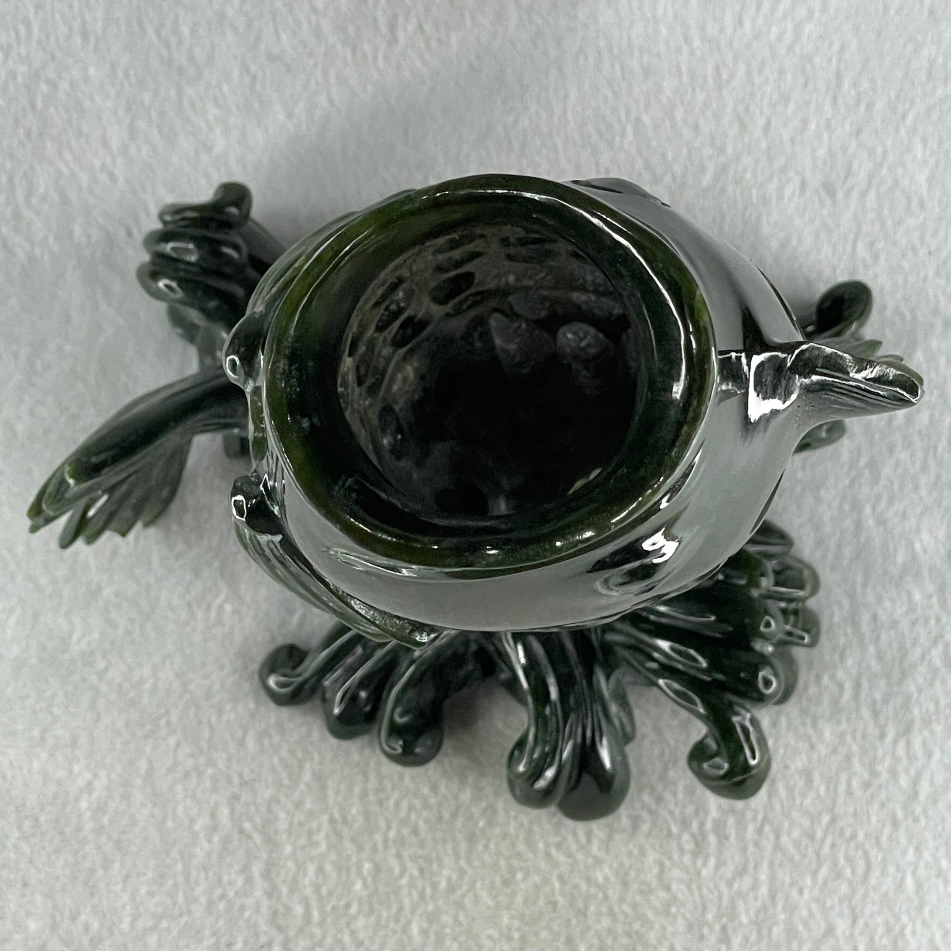 Natural Dark Green Serpentine Carp Fish with Wooden Stand Display 1,215.0g 160.0 by 120.0 by 230.0mm - Huangs Jadeite and Jewelry Pte Ltd