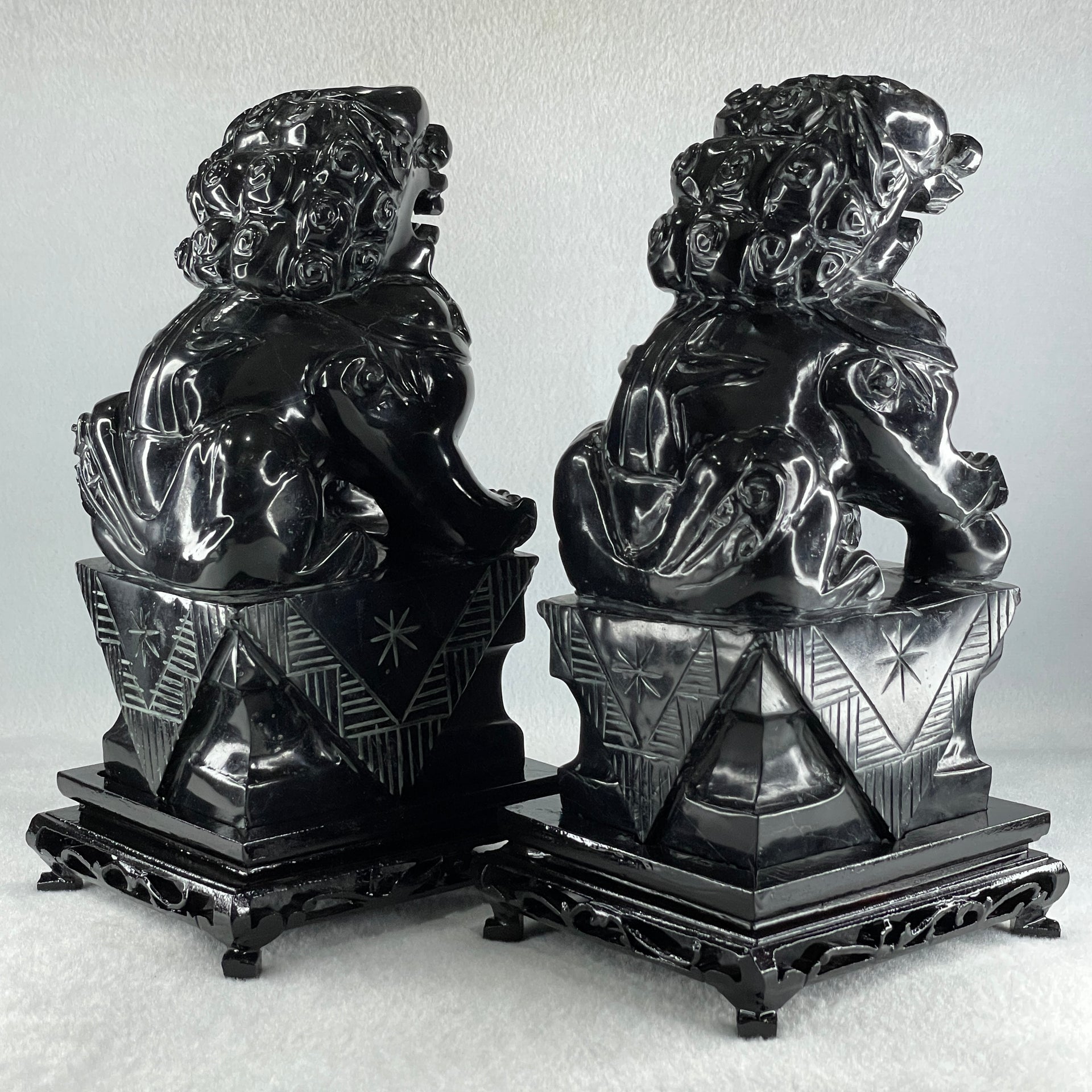 Black Pair of Fu Gou with Wooden Stand Display 5,365.5g Each about 110.0 by 15.0 by 230.0mm - Huangs Jadeite and Jewelry Pte Ltd