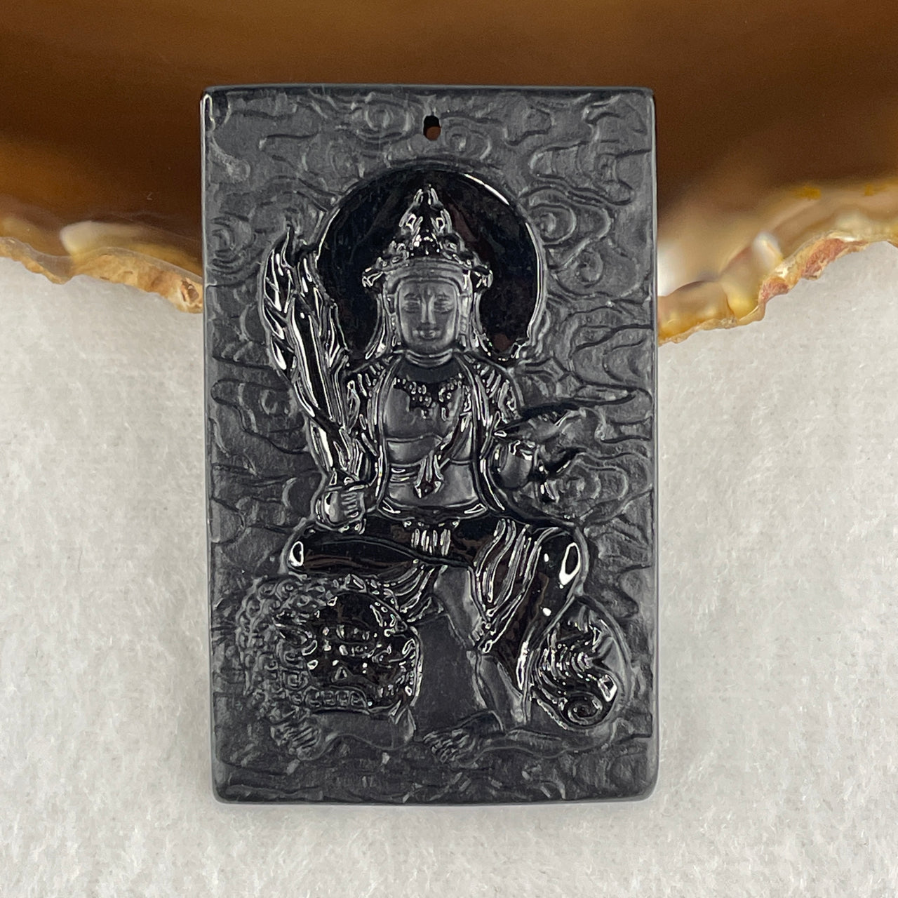 Certified Type A Black Omphacite Jadeite Manjusri Bodhisattva on Lion & Jade Emperor Pendant | Supreme Wisdom & Celestial Authority Talisman (25.62g | 51.2 x 32.2 x 7.4mm)