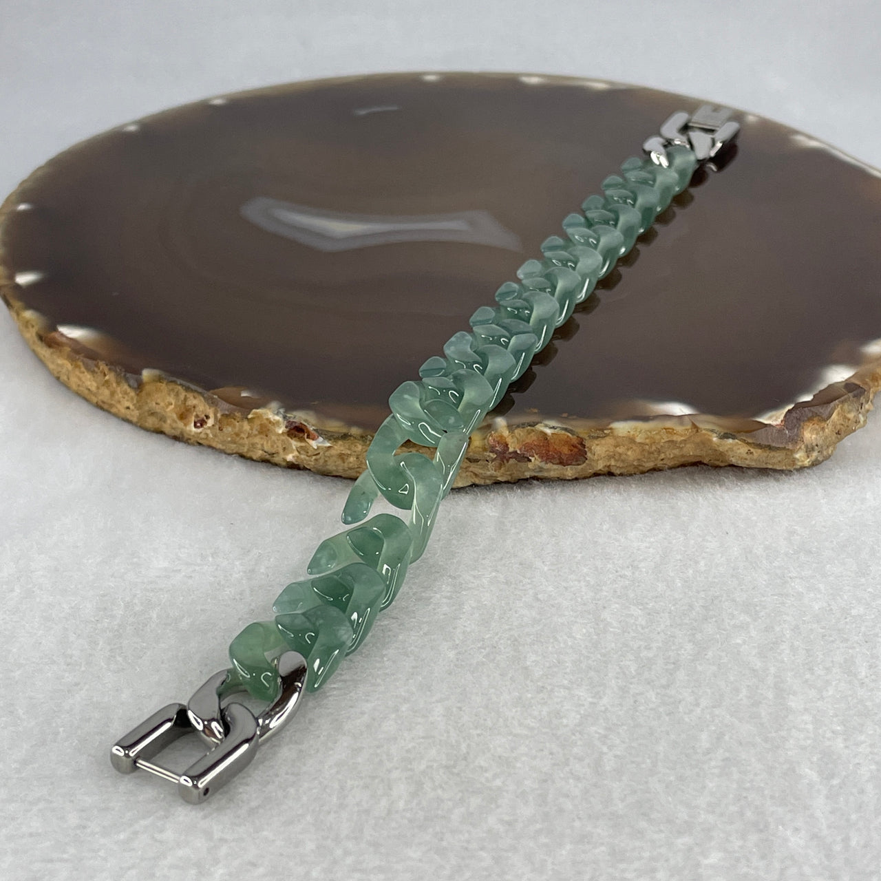 Certified Natural Type A Icy Blueish Green Jadeite Cuban Tennis Bracelet with Stainless Steel Clasp 21.36g Up to 17cm 11.6 by 3.4mm 16 Pcs