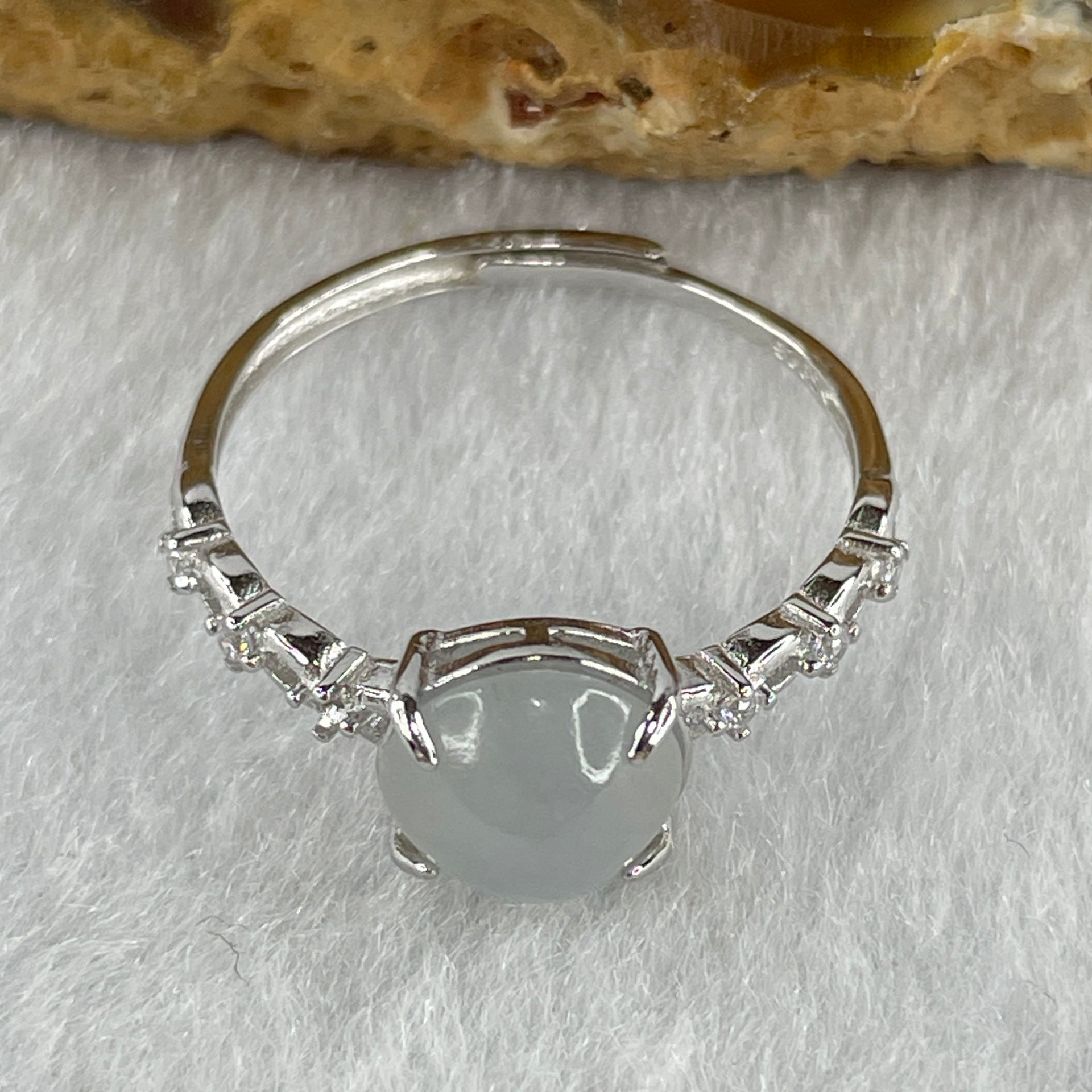Natural Type A Semi Icy Faint Lavender Jadeite Round Shape Cabouchon in S925 Silver Ring (Adjustable Size) 1.18g 7.9 by 7.1 by 4.0mm - Huangs Jadeite and Jewelry Pte Ltd