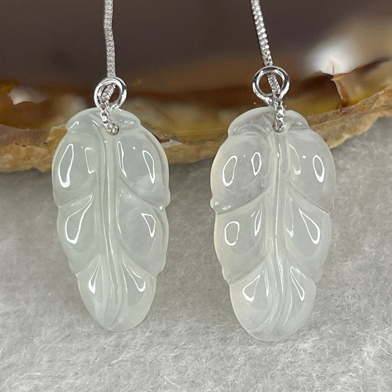 Natural Type A Icy White Jadeite Leaf Earrings | S925 Sterling Silver Carved Jade Leaf Dangling Drop Earrings (2.86g 18.6x9.6x2.8mm)