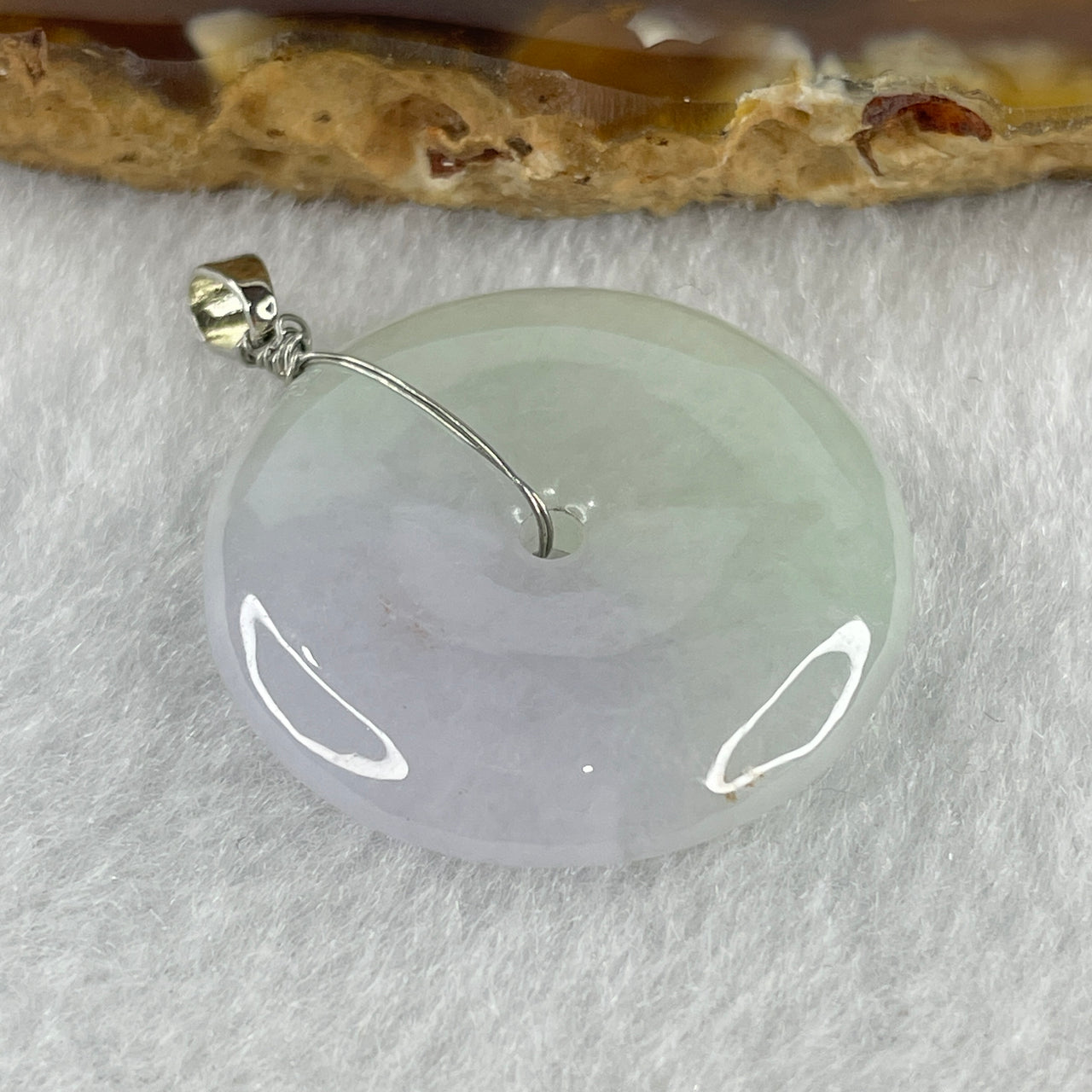 Natural Type A Faint Green Faint Lavender Jadeite Ping An Kou Donut Pendant in Silver Clasp Signifying Protection Blessings 7.44g 25.2 by 5.5mm