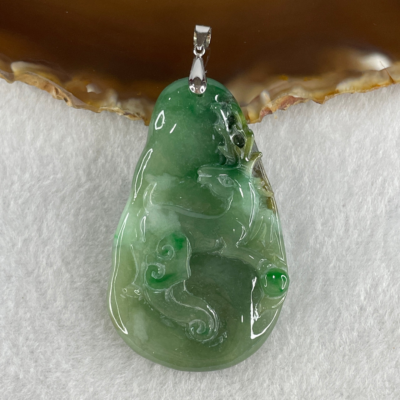 Natural Type A Green with Emerald Green and Brown Patches Jadeite Deer and Ruyi Pendant in S925 Silver Clasp 27.01g 57.9 by 35.5 by 6.5mm