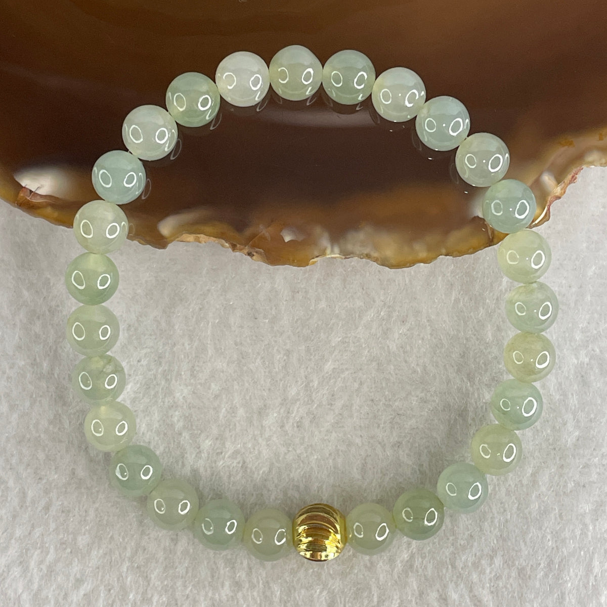 Natural Type A Semi Icy Light Green Jadeite Beads Bracelet | (16.95g | 16.5cm | 7.0mm x 27 Beads | Heart Chakra Radiance, "Ping An" Smooth Luck & Feng Shui Prosperity Catalyst) - Huangs Jadeite and Jewelry Pte Ltd
