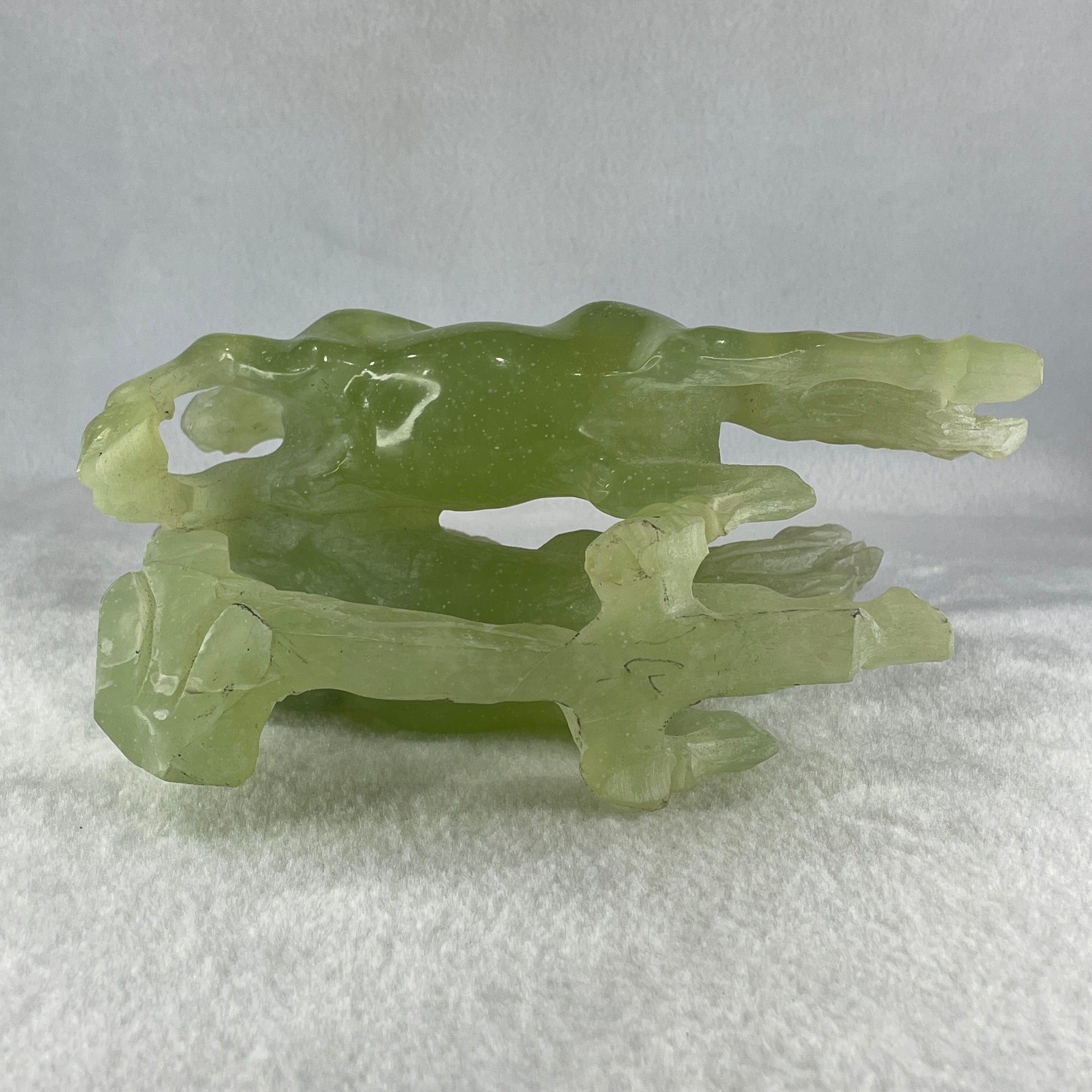 Natural Semi Icy Green Serpentine Double Horse with Wooden Stand Display 1119.9g 190.0 by 166.0 by 96.0mm - Huangs Jadeite and Jewelry Pte Ltd