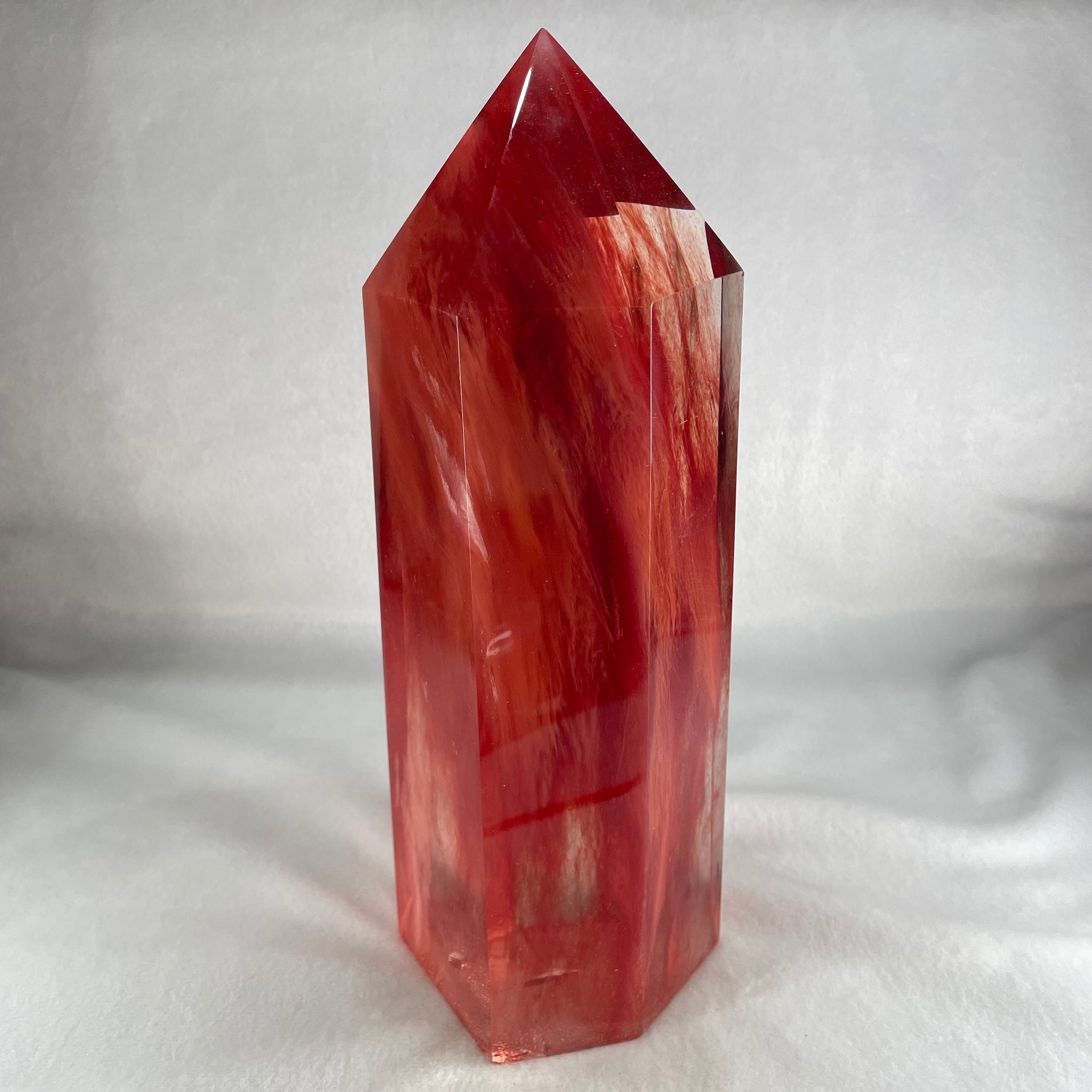 Cherry Quartz Tower with Wooden Stand Display 2446.6g 84.6 by 81.5 by 240.0mm - Huangs Jadeite and Jewelry Pte Ltd