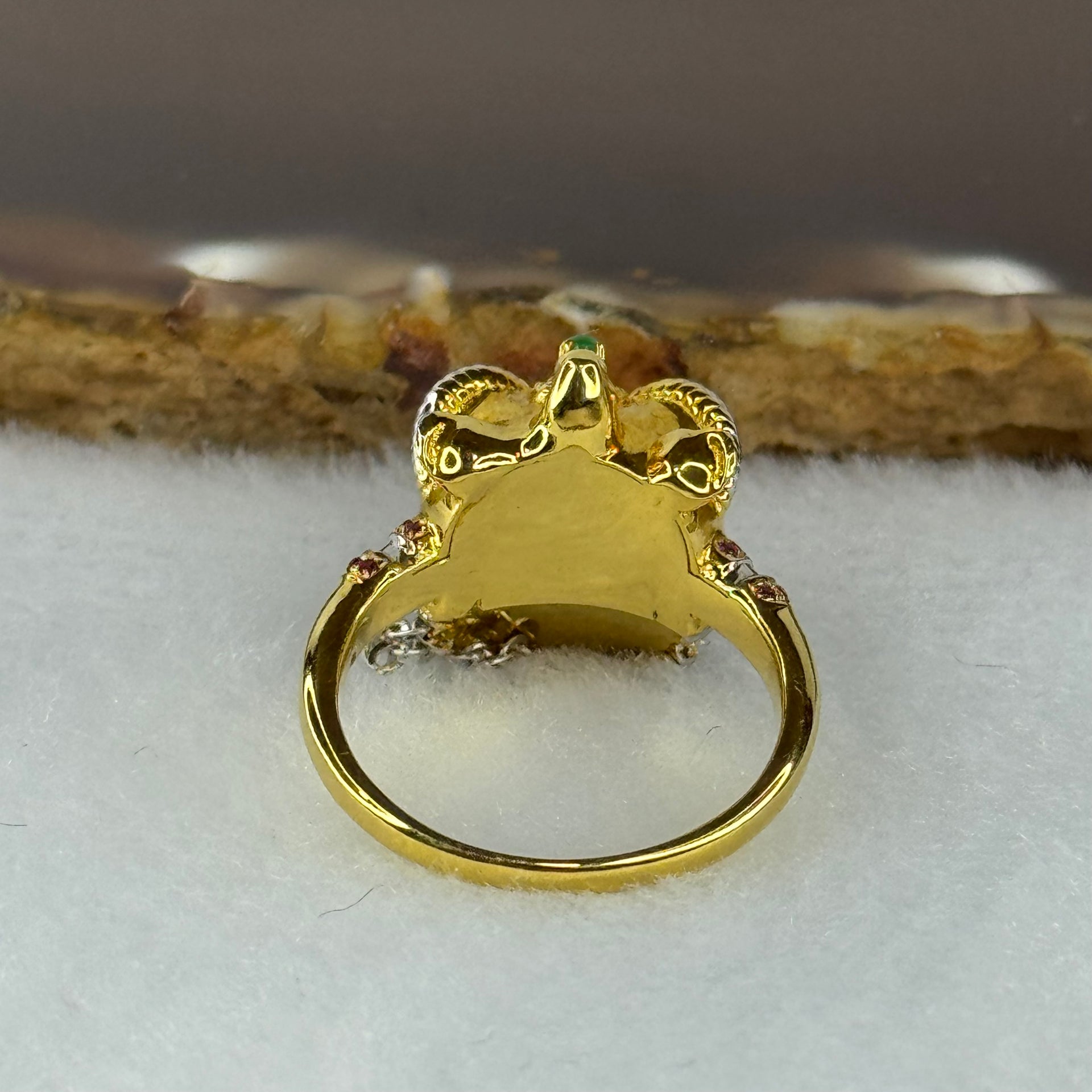 Type A Burmese Full Spicy Green Jade Jadeite 18K Yellow and White Gold customised Moveable Wu Shi Lion Head with Diamonds Ring 6.00g 13.1 by 22.5 by 8.3mm US6.25 HK13.5 Inner Dia 17.0mm - Huangs Jadeite and Jewelry Pte Ltd