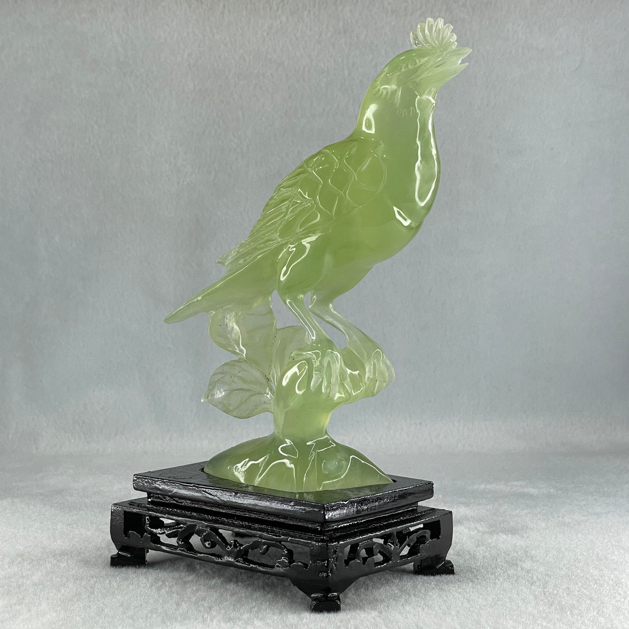 Natural Green Serpentine Javan Mynah Birds on Tree with Wooden Stand Display 375.6g 112.0 by 188.0 by 66.0mm - Huangs Jadeite and Jewelry Pte Ltd