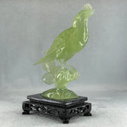Natural Green Serpentine Javan Mynah Birds on Tree with Wooden Stand Display 375.6g 112.0 by 188.0 by 66.0mm - Huangs Jadeite and Jewelry Pte Ltd
