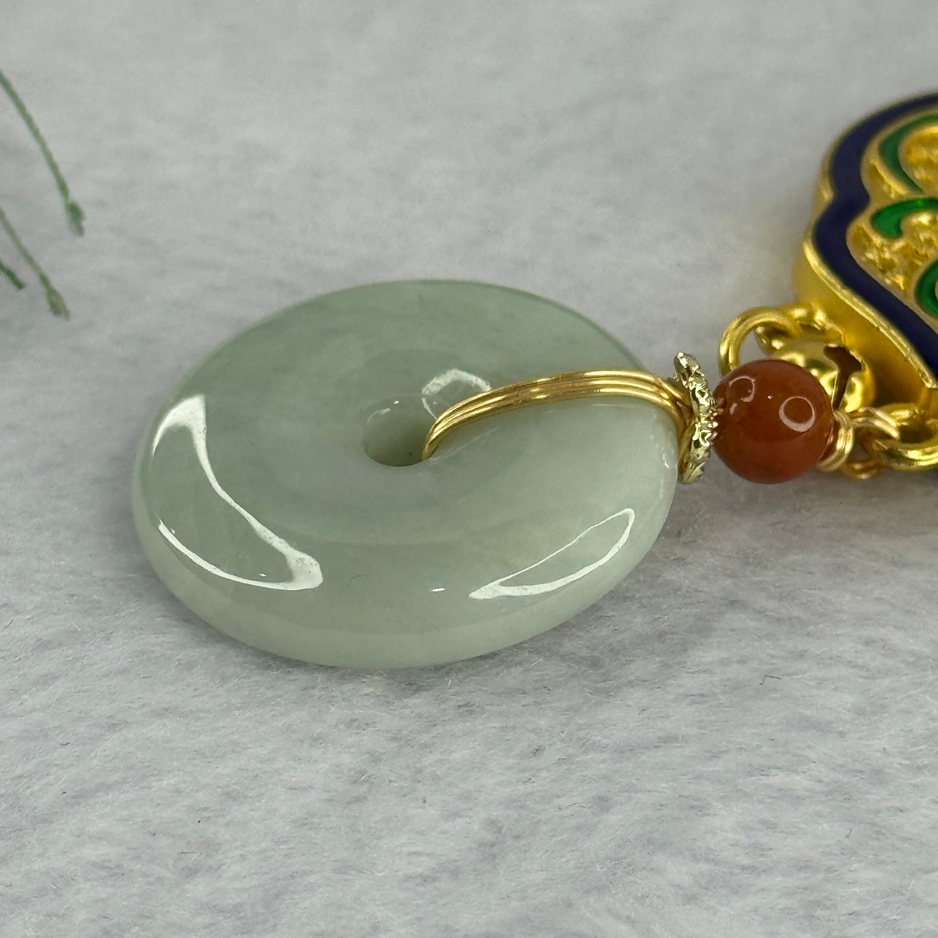 Type A Light Green Jadeite Ping An Kou Donut 25.7 by 5.7mm with Crystals Necklace 37.89g - Huangs Jadeite and Jewelry Pte Ltd