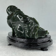 Natural Dark Green Serpentine Laughing Milo Buddha with Wealth Pot with Wooden Stand Display 1,656.6g 190.0 by 133.0 by 127.0mm - Huangs Jadeite and Jewelry Pte Ltd