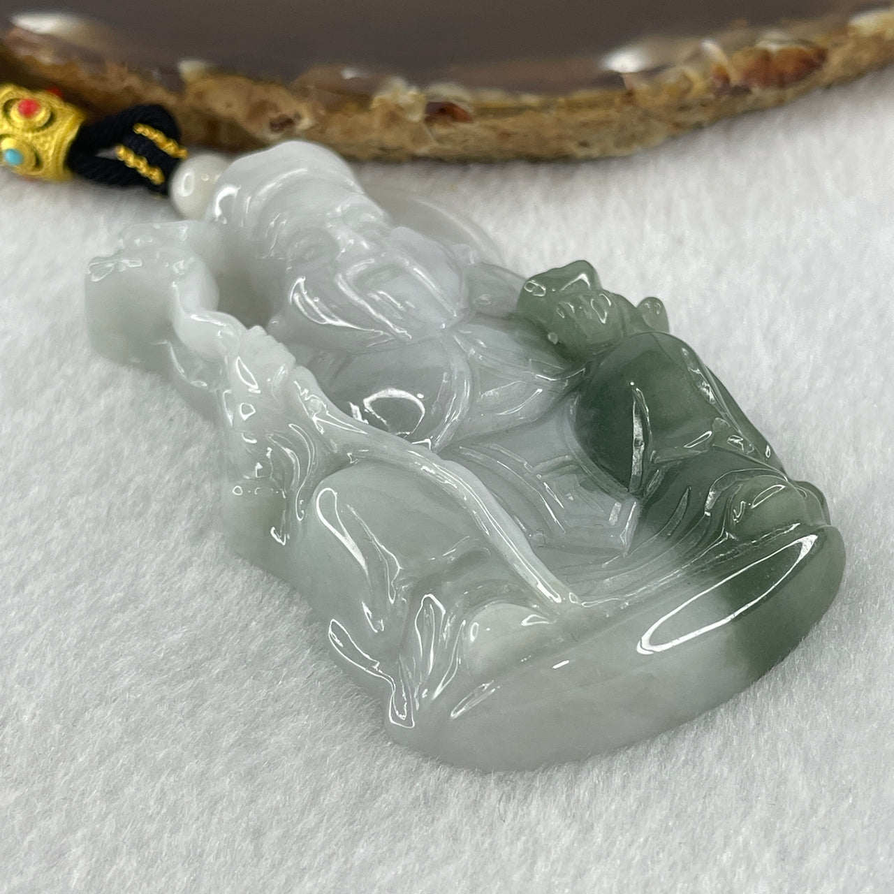 Natural Type A Light Green with Faint Lavender Jadeite Dua Pek Gong Pendant 71.52g 71.4 by 42.9 by 11.9mm