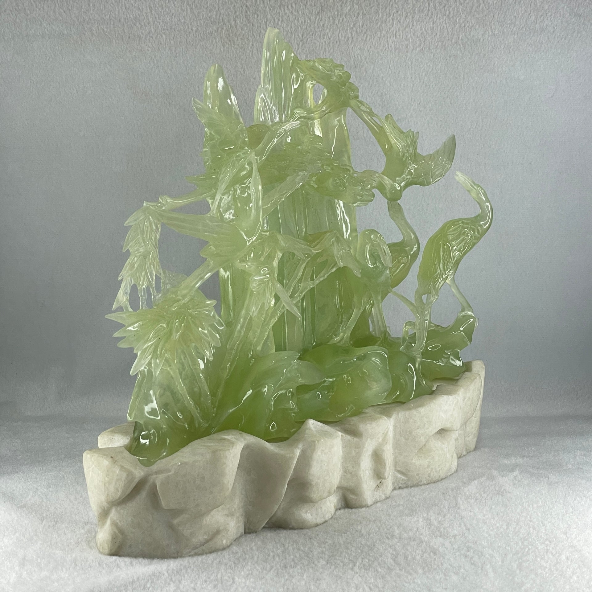 Natural Icy Green Serpentine 6 Cranes with Bamboo Shoots on Shan Shui with White Stone Stand Display 3,171.9g 270.0 by 102.0 by 236.0mm - Huangs Jadeite and Jewelry Pte Ltd