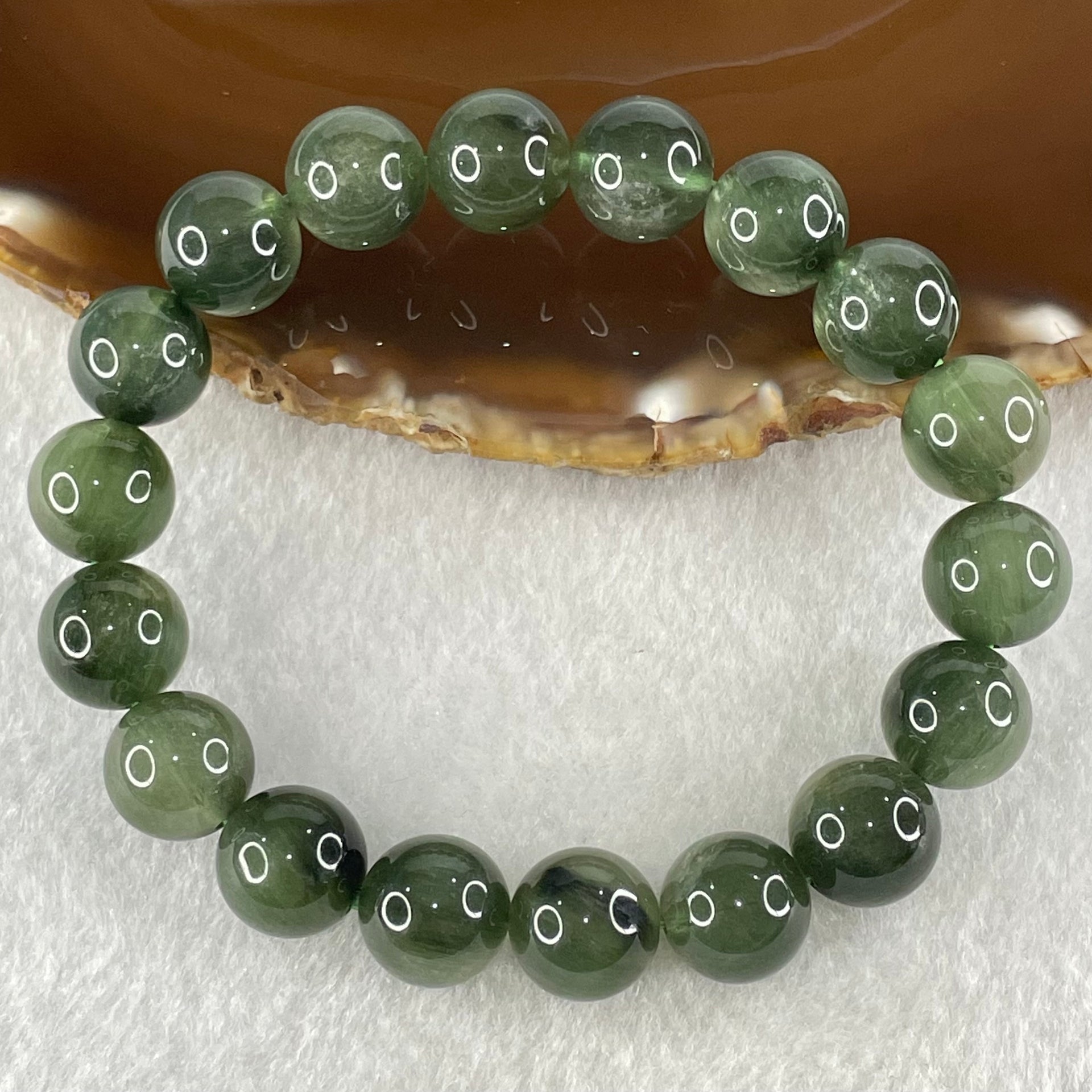 Good Grade Natural Cats Eye Green Rutilated Quartz Beads Bracelet 39.67g 18cm 11.7mm 18 Beads - Huangs Jadeite and Jewelry Pte Ltd