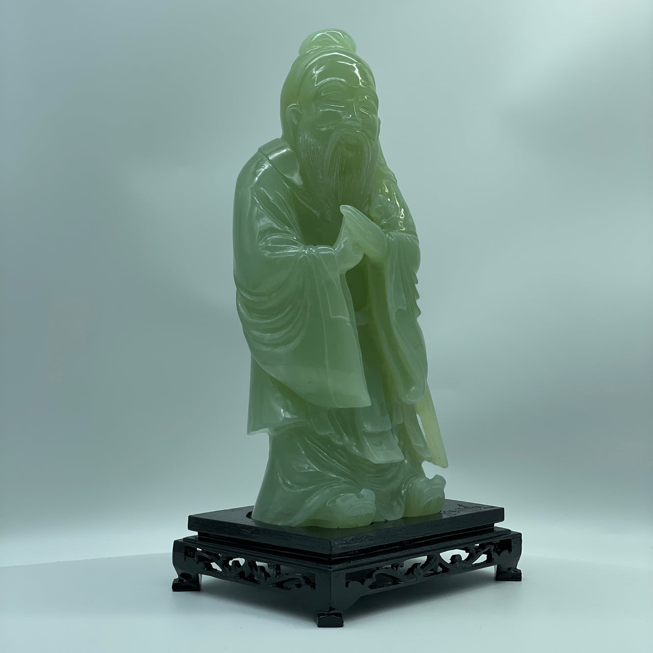 Natural Light Green Serpentine Kong Zi (Confucius Kong Qiu) with Wooden Display 3,808.3g 170.0 by 125.0 by 320.0mm