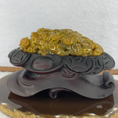 Rare Grand Master Type A Brownish Yellow Jadeite 飞天貔貅 Flying Pixiu with Baby with Ruyi and Coin 140.07g 91.2 by 36.0 by 26.0mm with Wooden Stand - Huangs Jadeite and Jewelry Pte Ltd