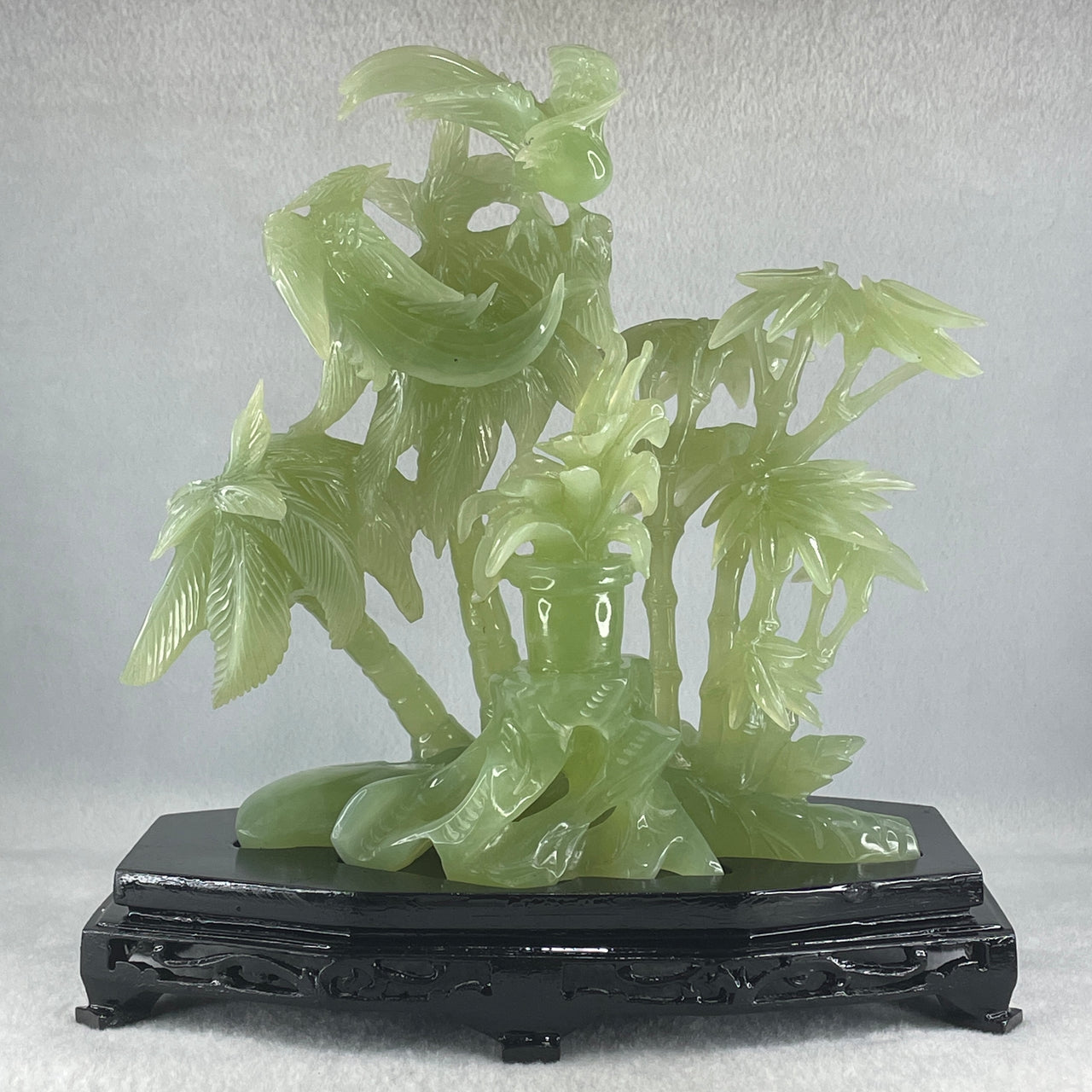 Natural Green Serpentine Double Phoenix with Bamboo Treen and Flower with Wooden Stand Display 1,096.7g 220.0 by 130.0 by 220.0mm