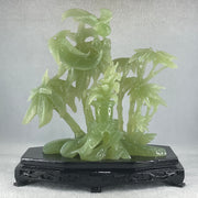 Natural Green Serpentine Double Phoenix with Bamboo Treen and Flower with Wooden Stand Display 1,096.7g 220.0 by 130.0 by 220.0mm - Huangs Jadeite and Jewelry Pte Ltd