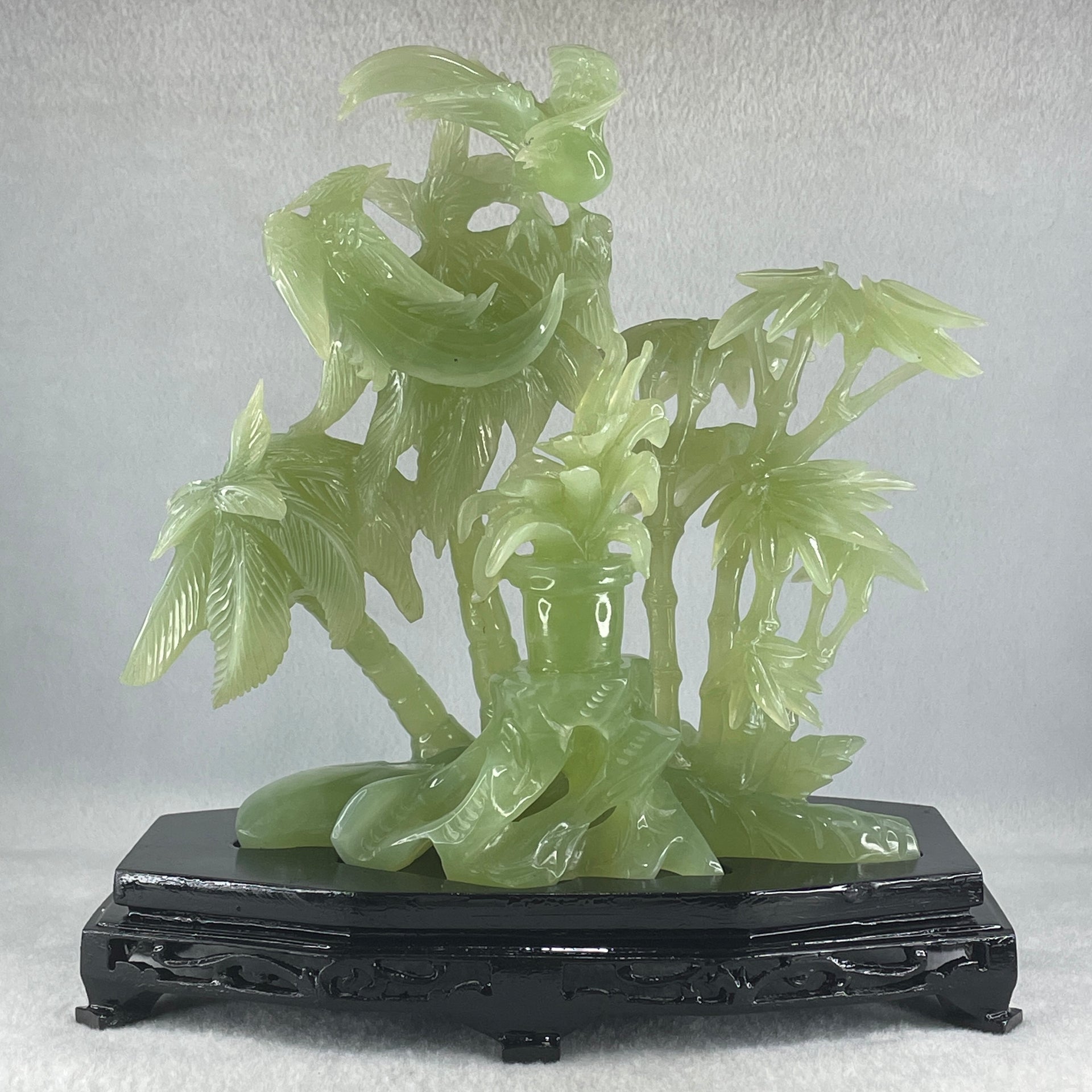 Natural Green Serpentine Double Phoenix with Bamboo Treen and Flower with Wooden Stand Display 1,096.7g 220.0 by 130.0 by 220.0mm - Huangs Jadeite and Jewelry Pte Ltd