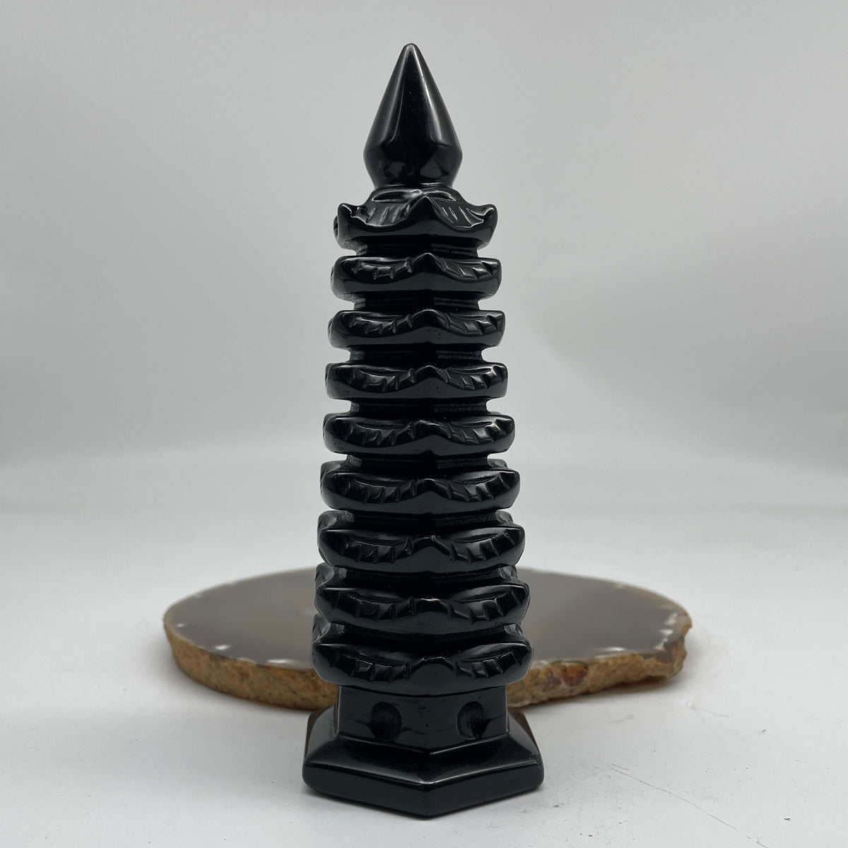 Natural Black Obsidian Pagoda Display | (357.01g | 56.6 x 50.1 x 153.0mm | Catalyst, "Wen Chang" Academic Excellence & Career Promotion Anchor, Traditional Spatial Shielding Specimen)