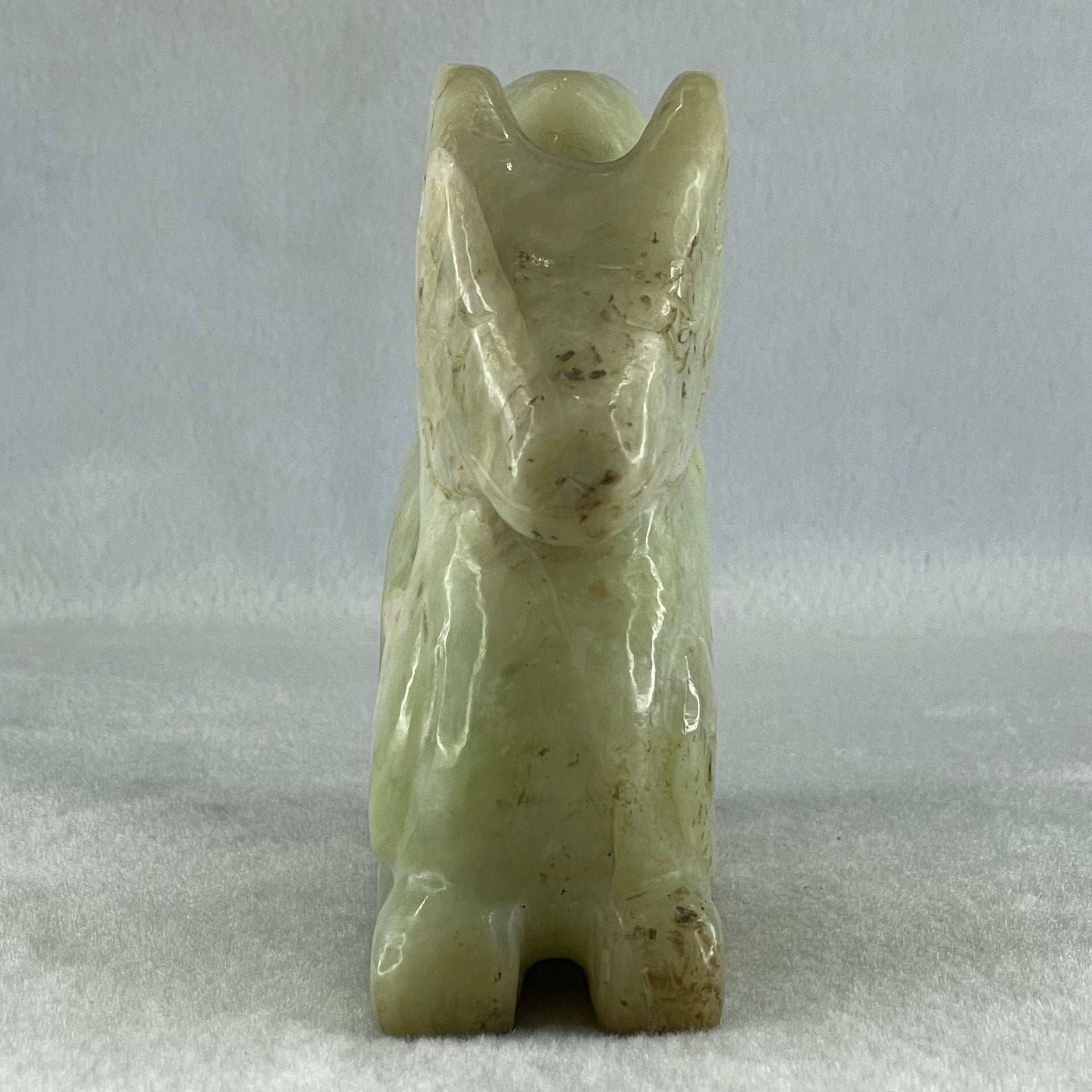 Natural Green Serpentine Deer with Longevity Peach Display 1,043.6g 135.0 by 43.0 by 115.0mm - Huangs Jadeite and Jewelry Pte Ltd