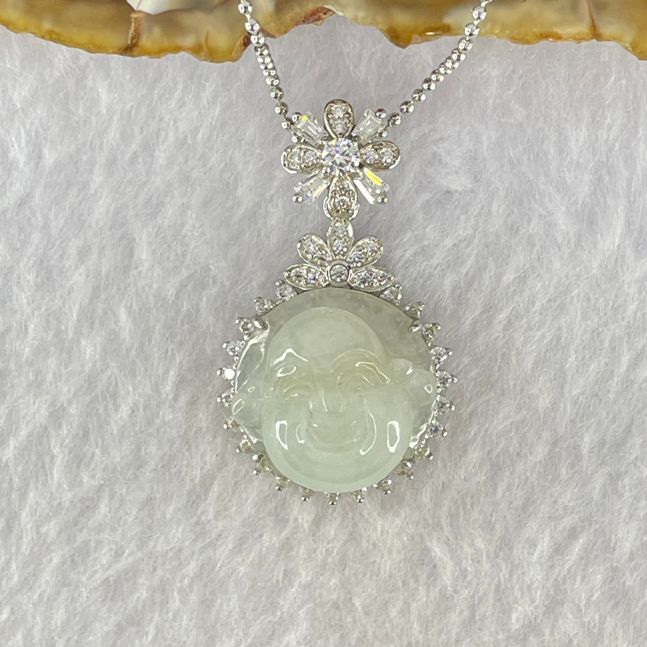 Type A Faint Green Lavender Milo Buddha with Crystals in S925 Sliver Pendant and Necklace 8.07g 16.6 by 16.6 by 8.0mm - Huangs Jadeite and Jewelry Pte Ltd