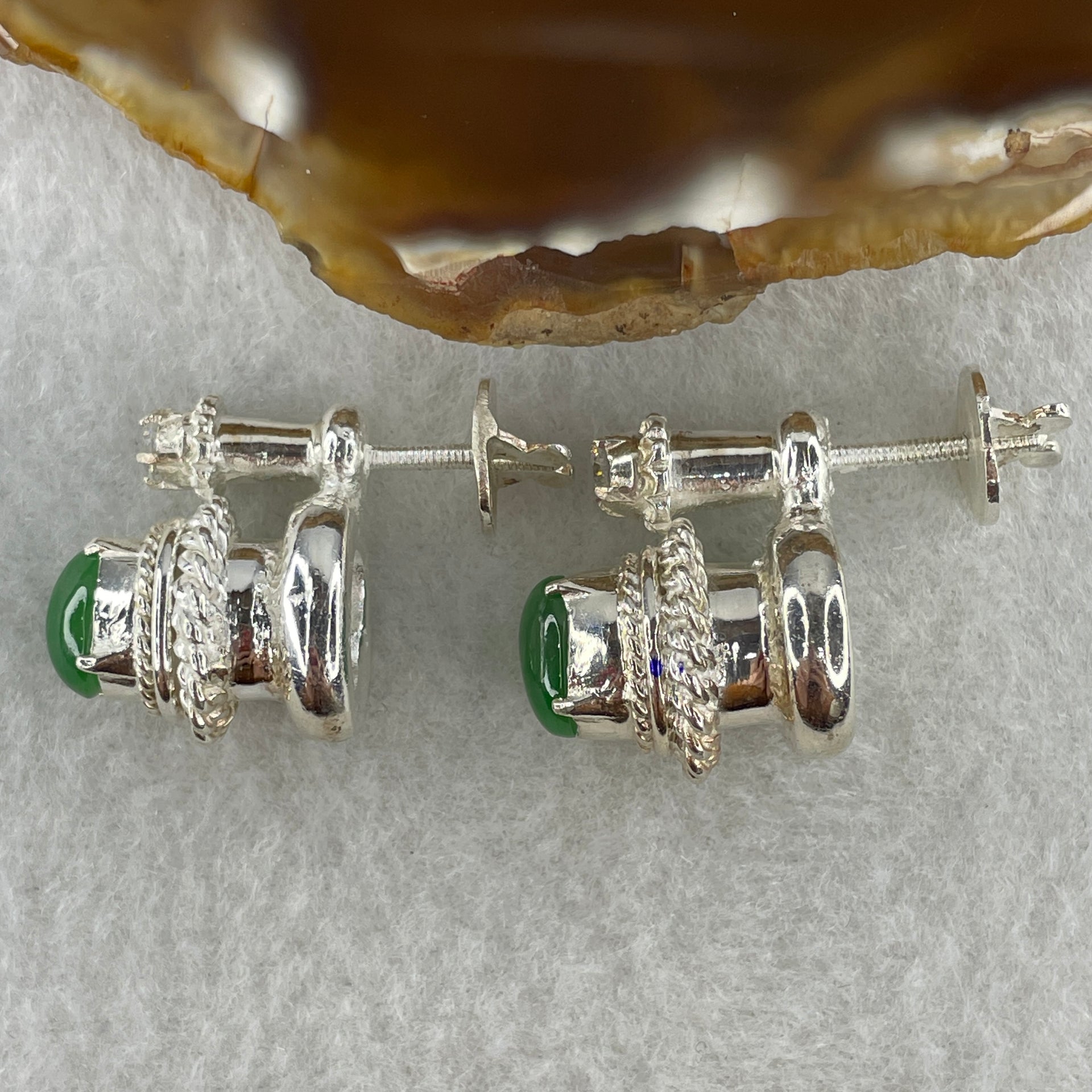 Type A Natural Full Old Mine Spicy Green Jadeite Cabochon 8.8 by 6.7 by 4.0mm Stone for Setting 20.97g (On Silver Earrings Mold) - Huangs Jadeite and Jewelry Pte Ltd