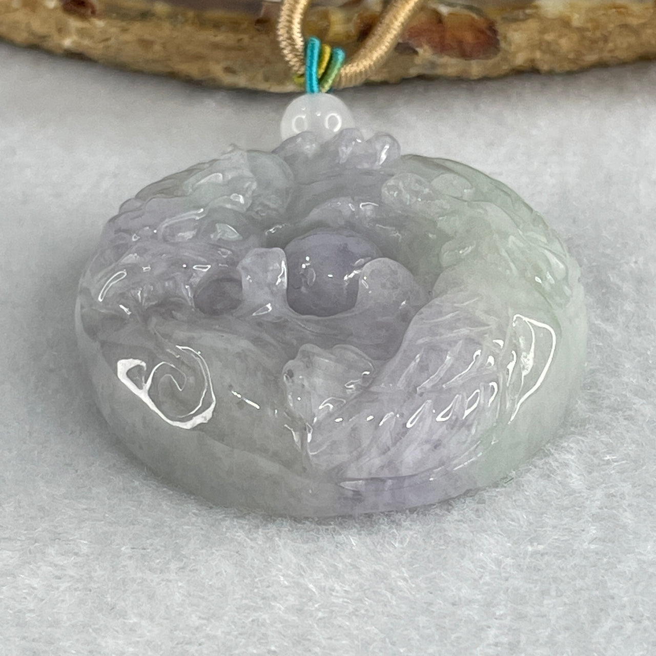 Certified Natural Type A Light Lavender with Light Green Jadeite Dragon with Bead Double Side Round Pendant 39.36g 40.8 by 12.0mm