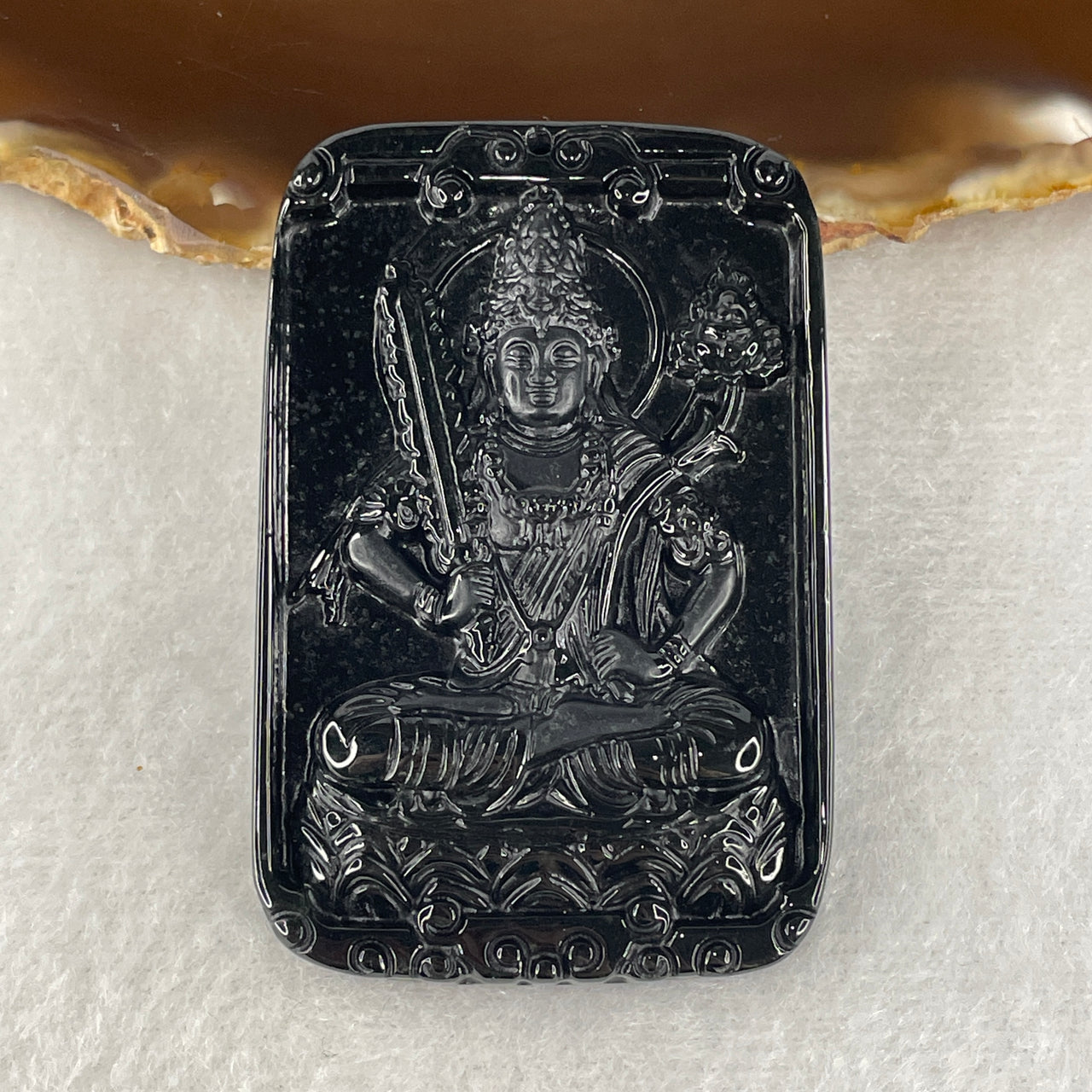 Wisdom, Protection Amulet - Certified Natural Type A Black Omphacite Jadeite Manjusri Bodhisattva Pendant 25.14g 56.5 by 37.4 by 7.6mm