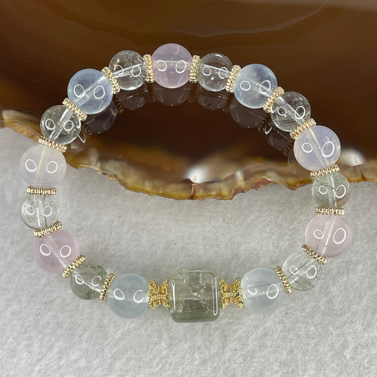 Natural Clear Quartz, Rose Quartz & Aquamarine Beads Bracelet | 14cm Tailored Strand | 19-Piece Graded Pastel "Ocean Cloud" Trio with Gold Charm Accents (21.05g, 8.0-9.4mm)