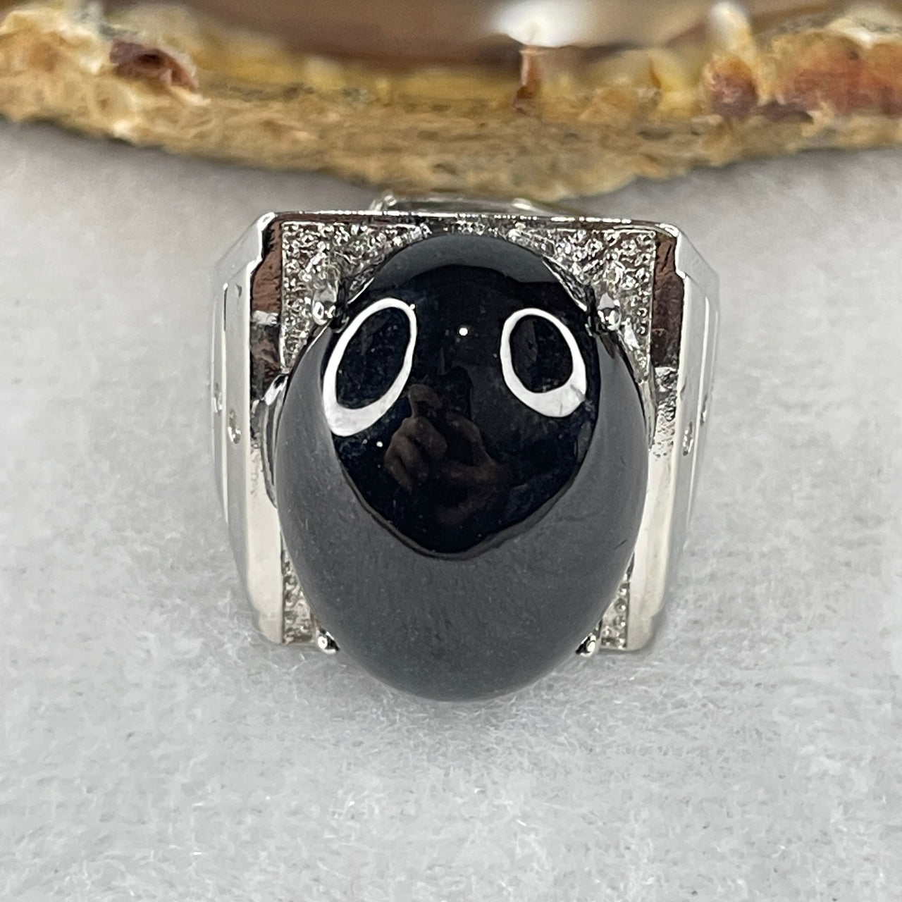 Natural Type A Opaque Black Omphacite Jadeite Bead Ring 11.08g 20.1 by 15.1 by 9.5mm (Adjustable Size)
