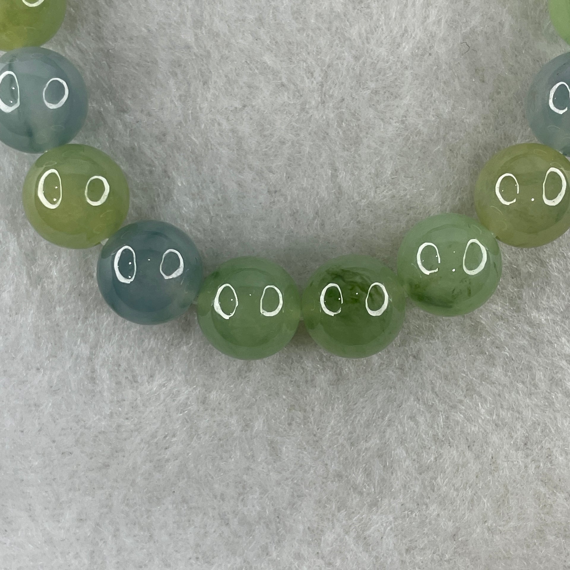 Type A Natural Semi Icy Light Green with Yellow and Blue Jadeite Beads Bracelet 32.94g 15cm 10.0mm 19 Beads - Huangs Jadeite and Jewelry Pte Ltd