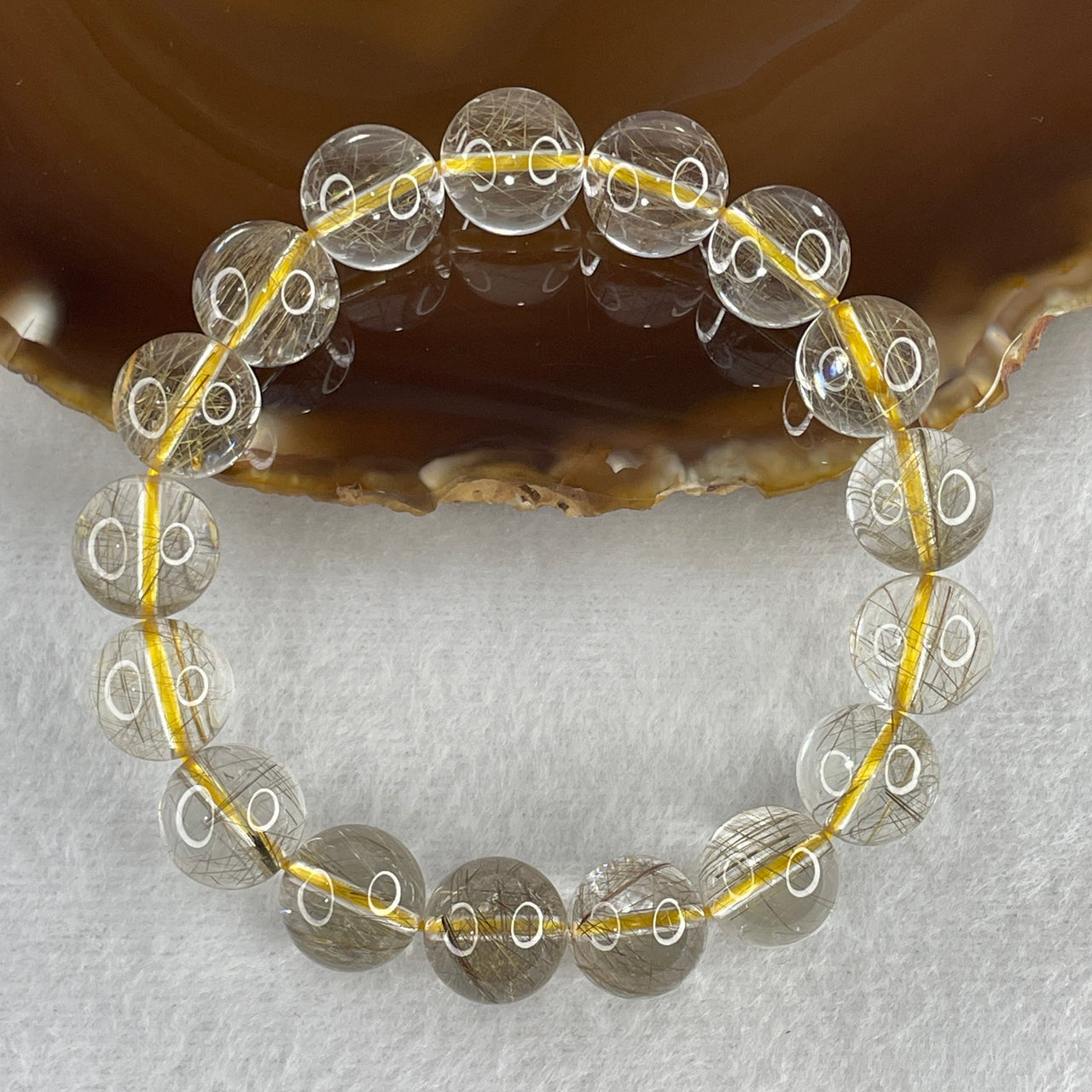 Good Grade Natural Greyish Golden Rutilated Quartz Beads Bracelet 42.60g 16.5cm 12.3mm 17 Beads
