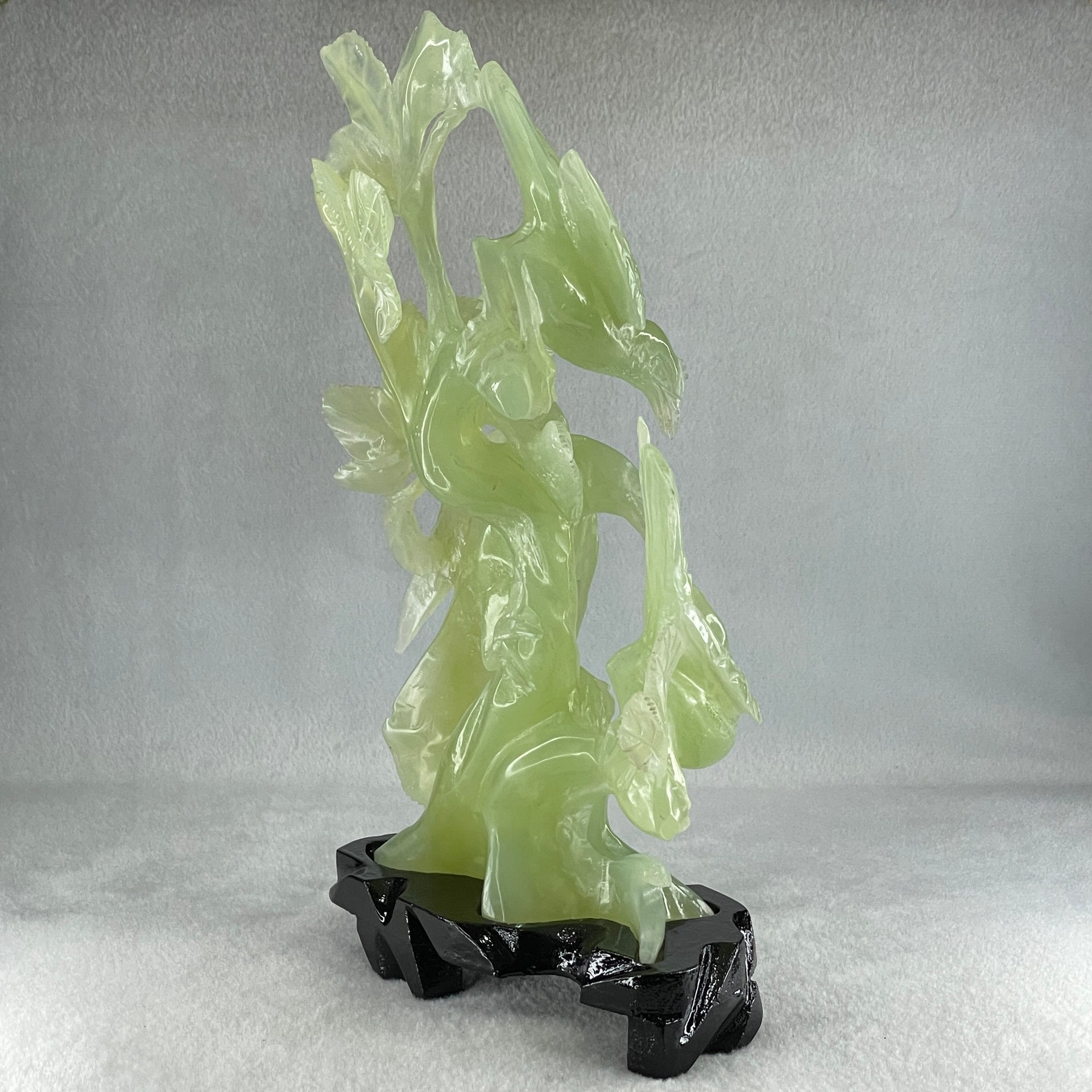 Natural Green Serpentine 3 Magpie Birds on Tree with Wooden Stand Display 939.0g 147.0 by 272.0 by 92.0mm - Huangs Jadeite and Jewelry Pte Ltd