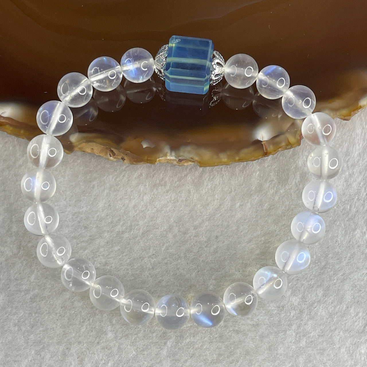 Good Grade Natural Blueish Transparent White Moonstone Beads with Aquamarine Charm Bracelet 16.14g 16cm 7.8mm 23 Beads - Huangs Jadeite and Jewelry Pte Ltd