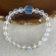 Good Grade Natural Blueish Transparent White Moonstone Beads with Aquamarine Charm Bracelet 16.14g 16cm 7.8mm 23 Beads - Huangs Jadeite and Jewelry Pte Ltd