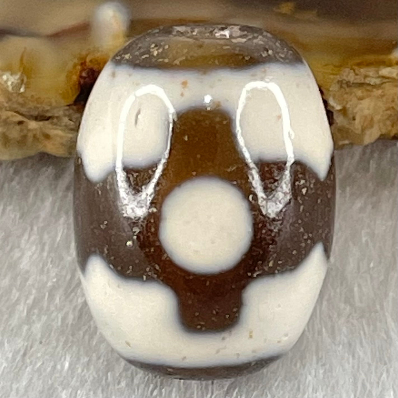 Natural Powerful Tibetan Old Oily Dark Brown With White Agate 3 Eyes Dzi Bead Heavenly Master (Tian Zhu) 三眼天诛 4.25g 17.1 by 12.9mm - Huangs Jadeite and Jewelry Pte Ltd