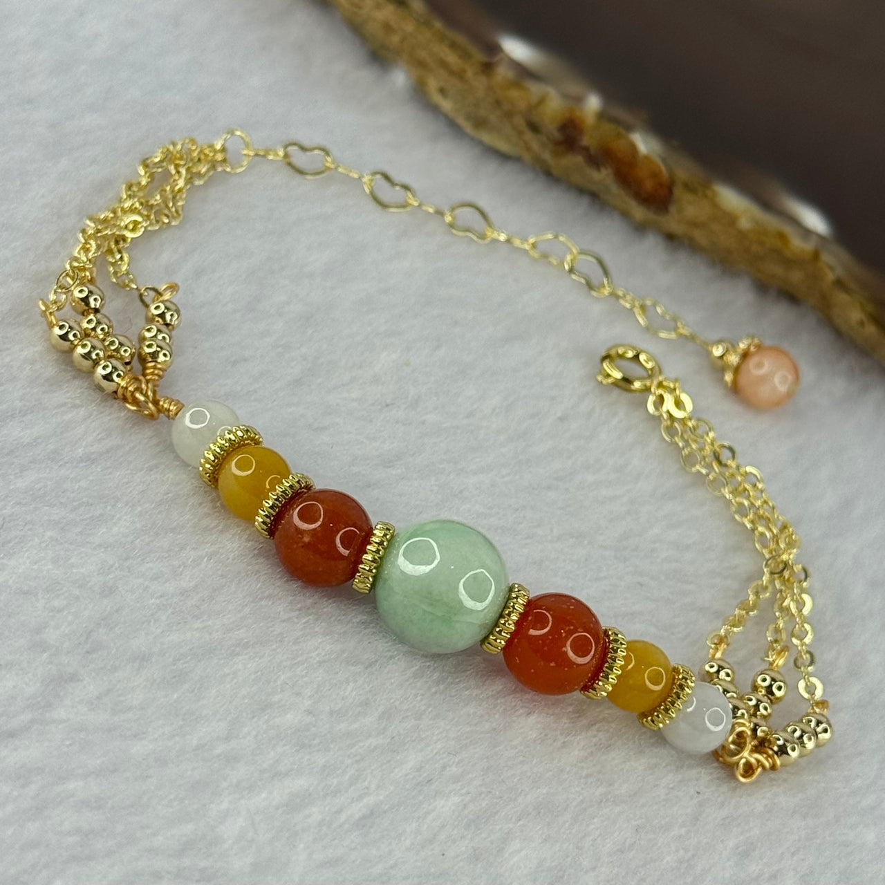 Type A Light Green Jadeite Beads with Crystal Beads in Silver Gold Color Bracelet 8.49g 10.6mm 1 Bead 8.1mm 2 Beads - Huangs Jadeite and Jewelry Pte Ltd