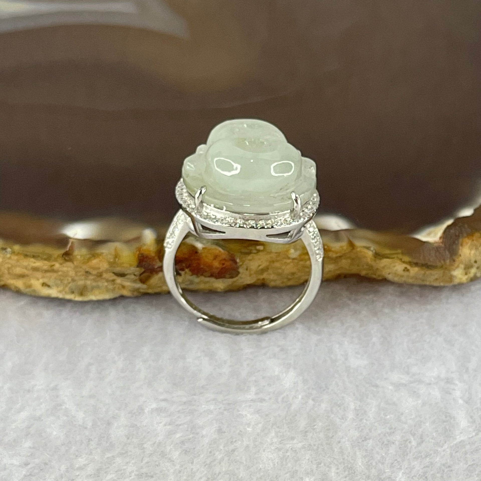Type A Faint Lavender Green Jadeite Milo Buddha in S925 Ring (Adjustable Size) 5.80g 16.5 by 16.5 by 7.0mm - Huangs Jadeite and Jewelry Pte Ltd