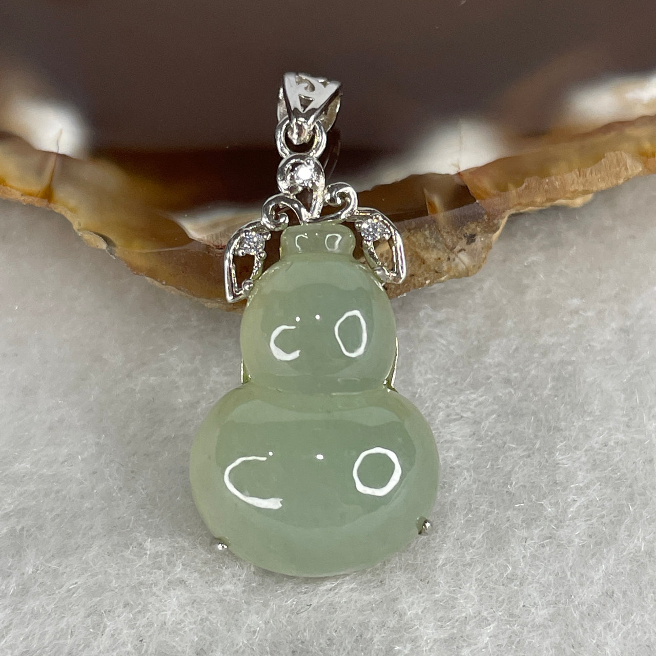 Natural Type A Icy Light Blueish Green Jadeite Hulu Pendant | S925 Sterling Silver Carved Jade Gourd Lucky Charm Necklace (4.17g 20.4x14.4x7.5mm)