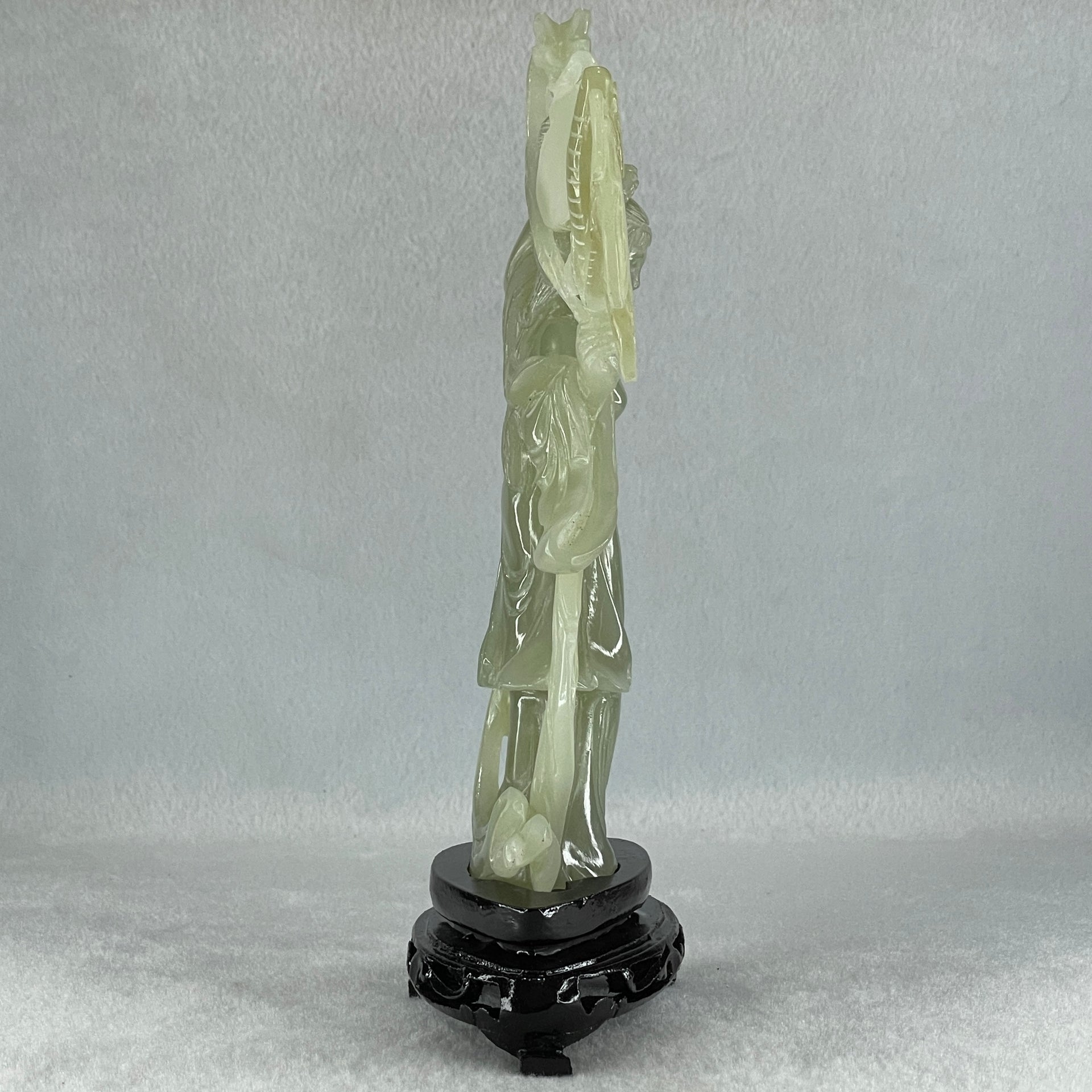 Natural Green Serpentine Fairy with Butterfly with Wooden Stand Display 336.9g 132.0 by 201.0 by 68.0mm - Huangs Jadeite and Jewelry Pte Ltd