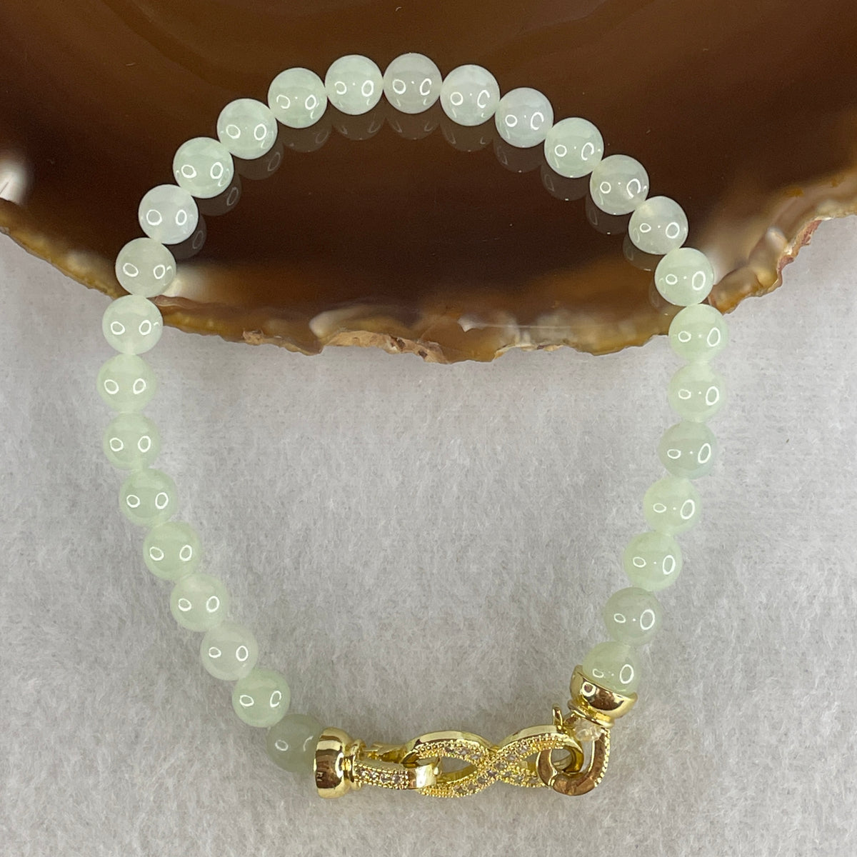 Natural Type A Semi-Icy Light Green Jadeite Beads Bracelet | (17.07g | 19cm | 6.4mm | 29 Beads | Heart Chakra Radiance, Steady Wealth "Zheng Cai" Anchor & Feng Shui Harmony Talisman)