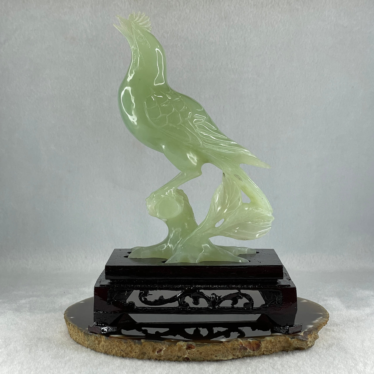 Natural Green Serpentine Bird with Wooden Stand Display 316.4g 117.3 by 76.2 by 175.0mm - Huangs Jadeite and Jewelry Pte Ltd