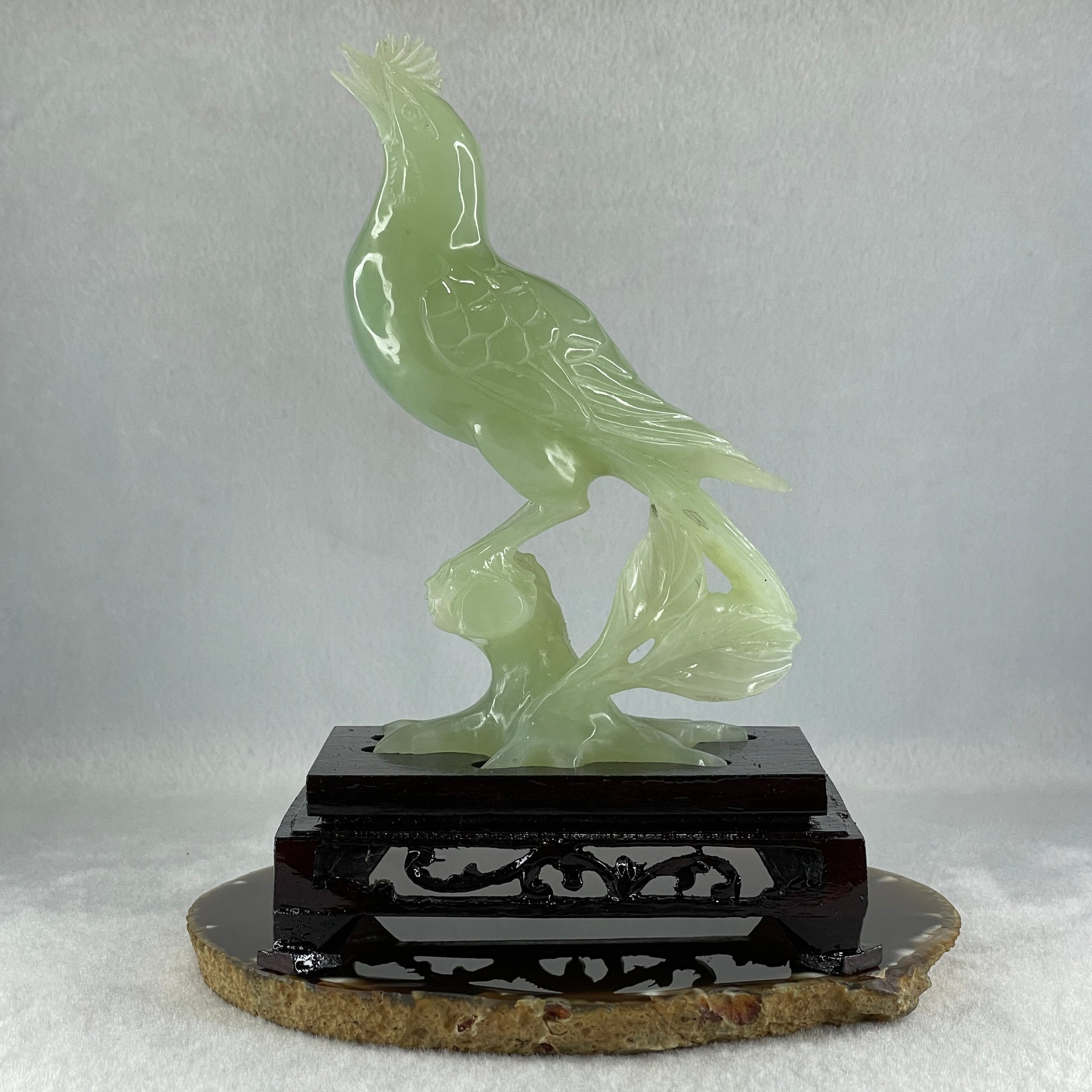 Natural Green Serpentine Bird with Wooden Stand Display 316.4g 117.3 by 76.2 by 175.0mm - Huangs Jadeite and Jewelry Pte Ltd